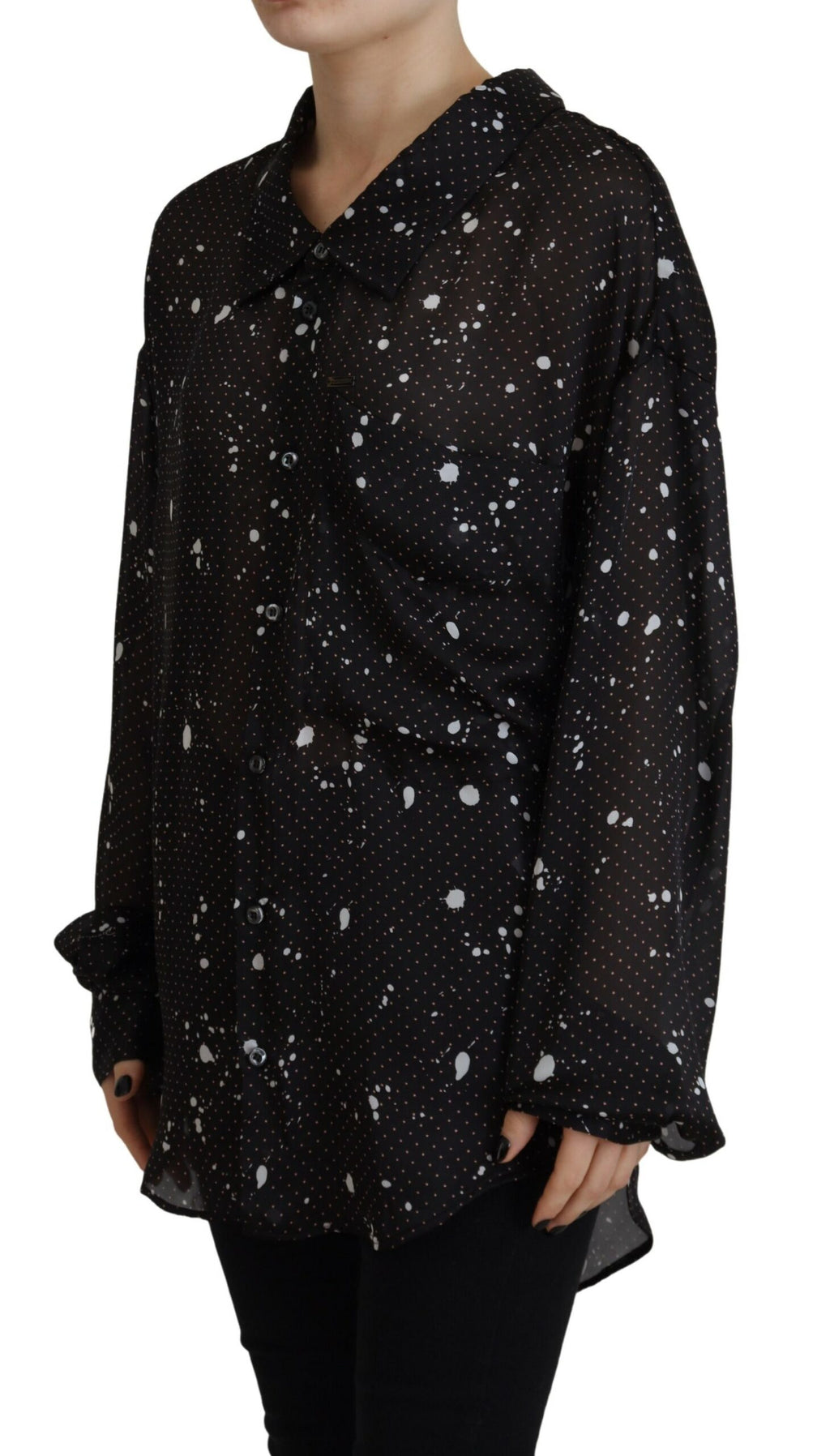 Chemisier noir à pois à col et boutons de Dsquared², haut élégant en tissu léger avec motif à pois noirs.