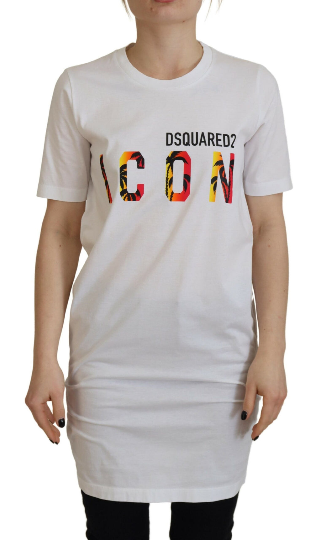 T-shirt blanc en coton Dsquared² avec logo icon imprimé, coupe classique et col rond, vue de face.