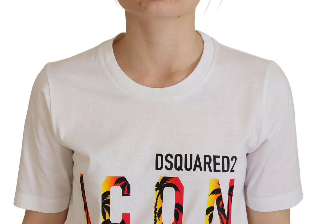 T-shirt blanc en coton Dsquared² avec logo icon imprimé, col rond et coupe décontractée, vue de face.