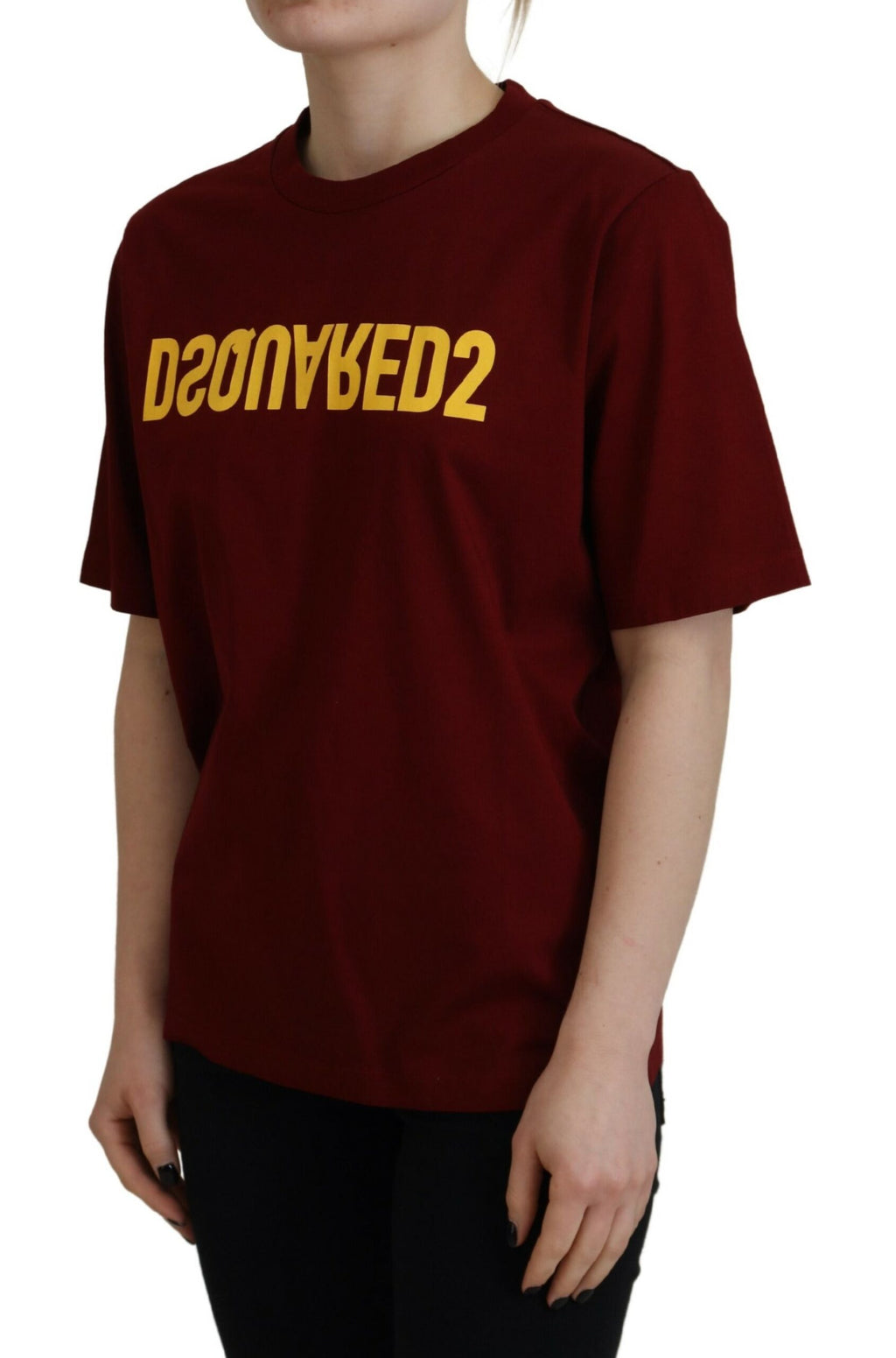 T-shirt à manches courtes en coton bordeaux avec logo Dsquared², coupe classique, visible sur l'image.