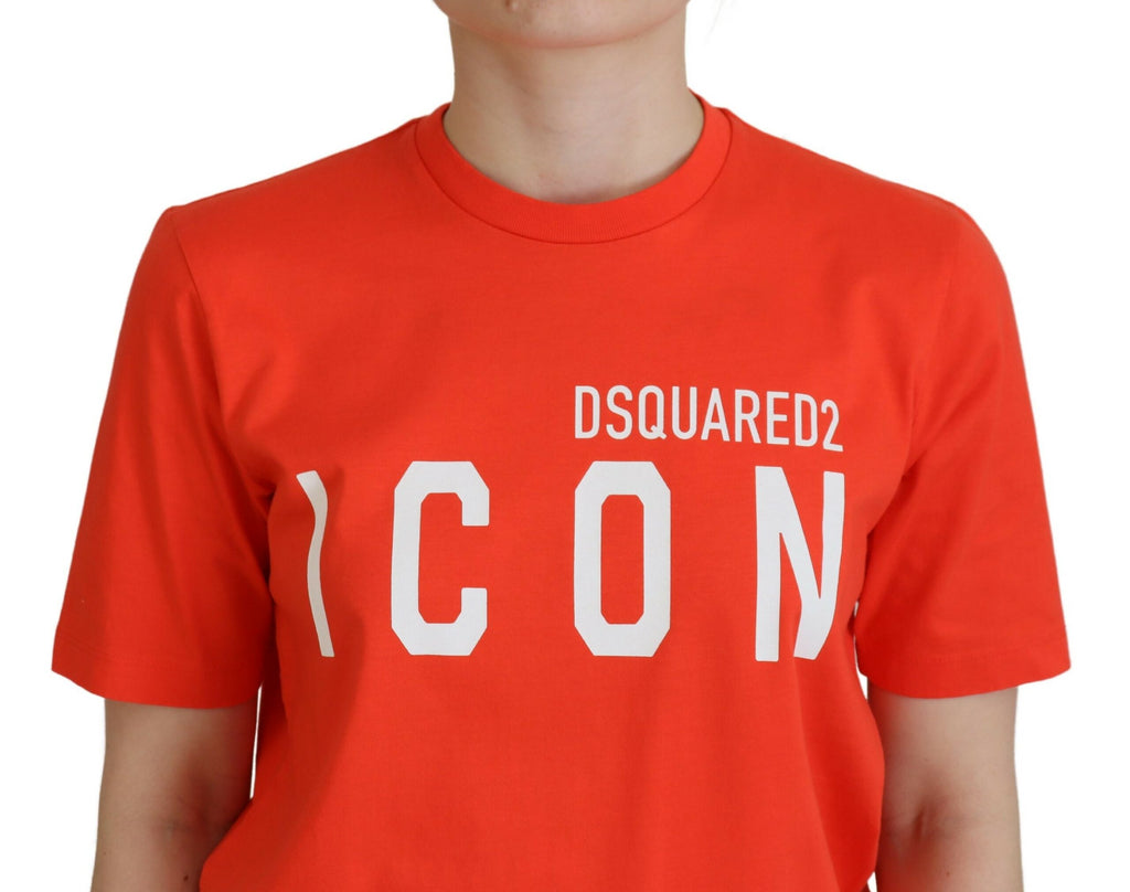 T-shirt à col rond Dsquared² en coton orange brillant avec logo Icon East, coupe classique, visible sur l'image.