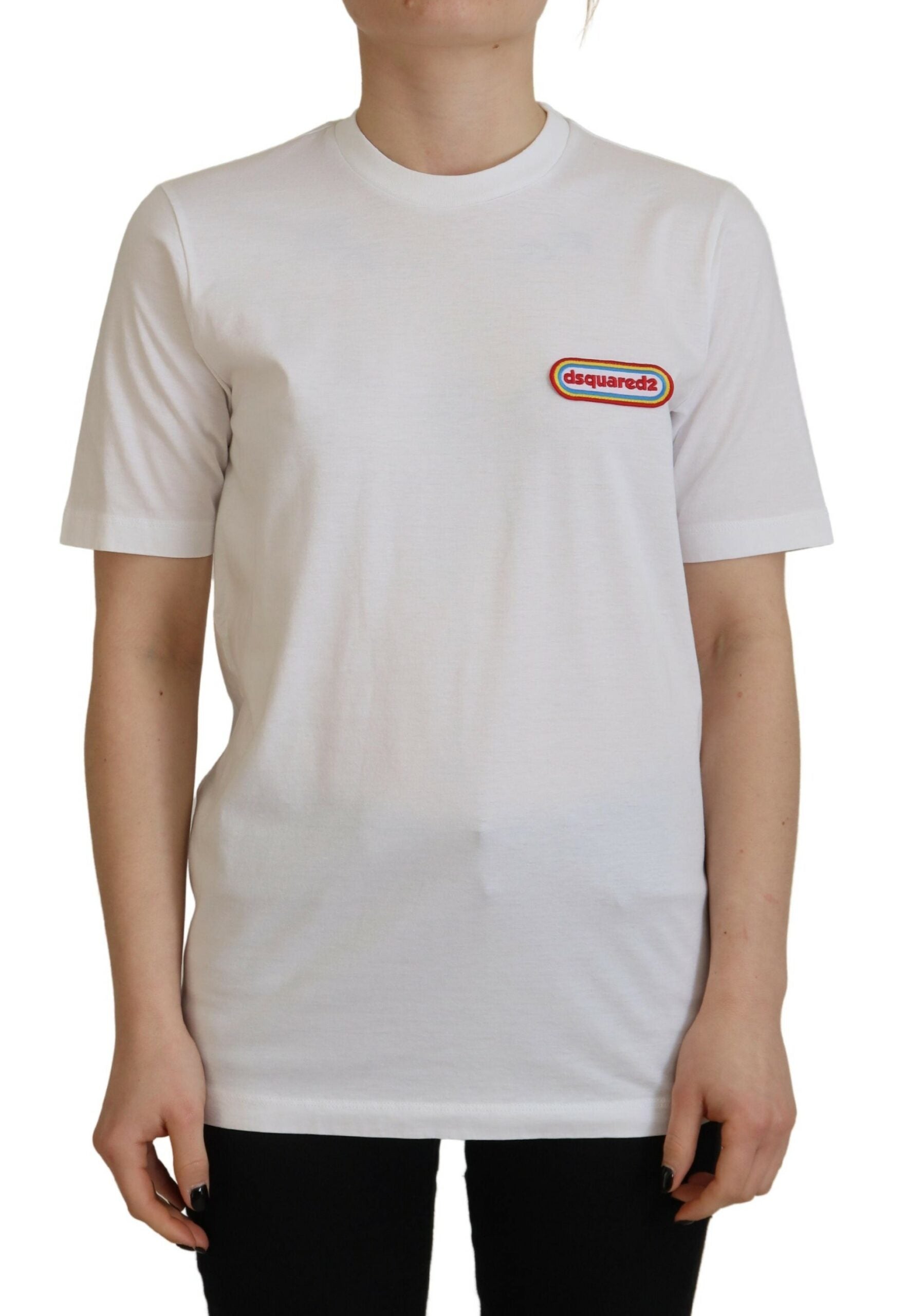 T-shirt à manches courtes blanc Dsquared² avec logo et patch, style décontracté et moderne.