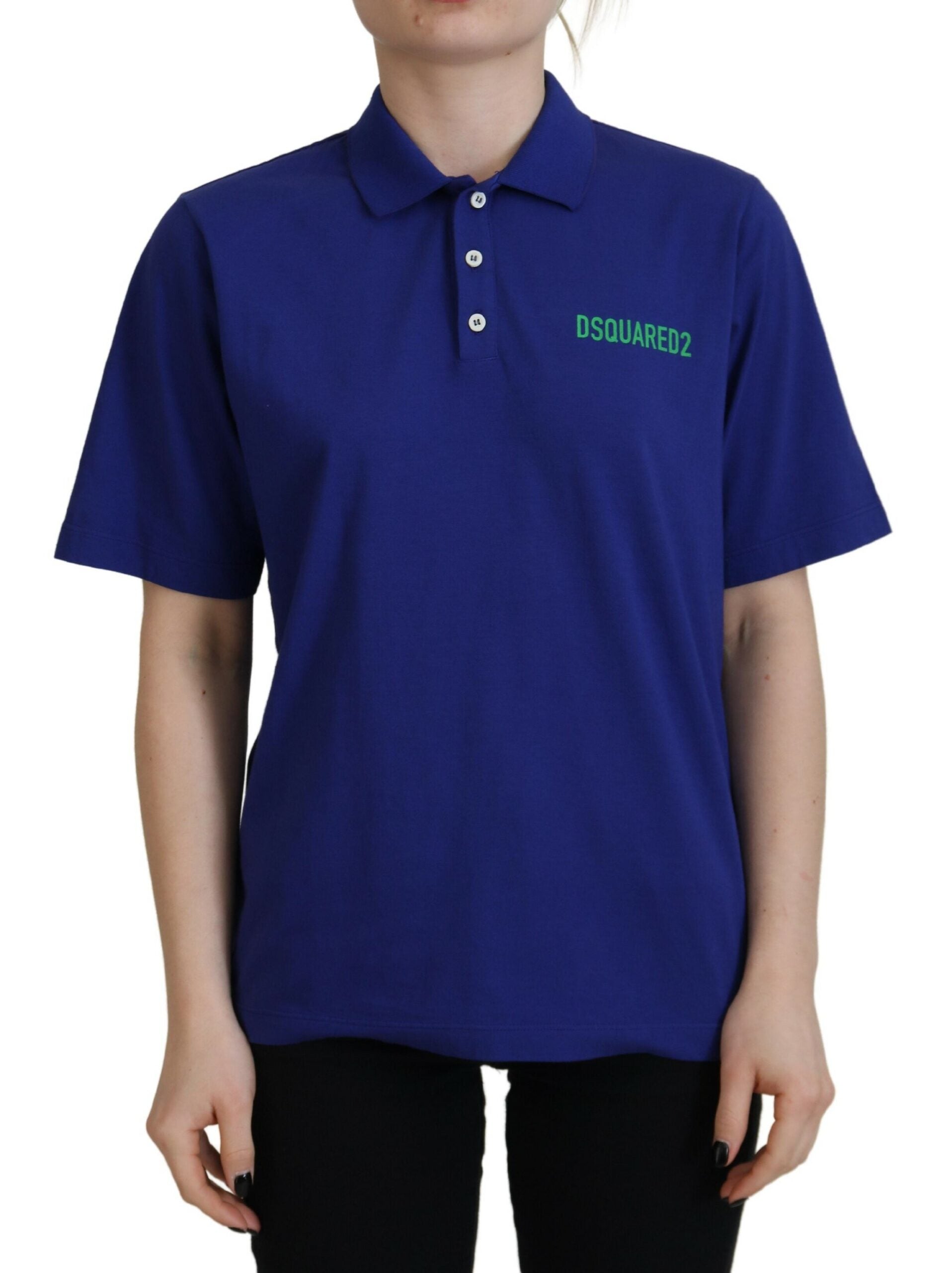 Polo à manches courtes Dsquared² bleu avec col et écritures, style décontracté et moderne.