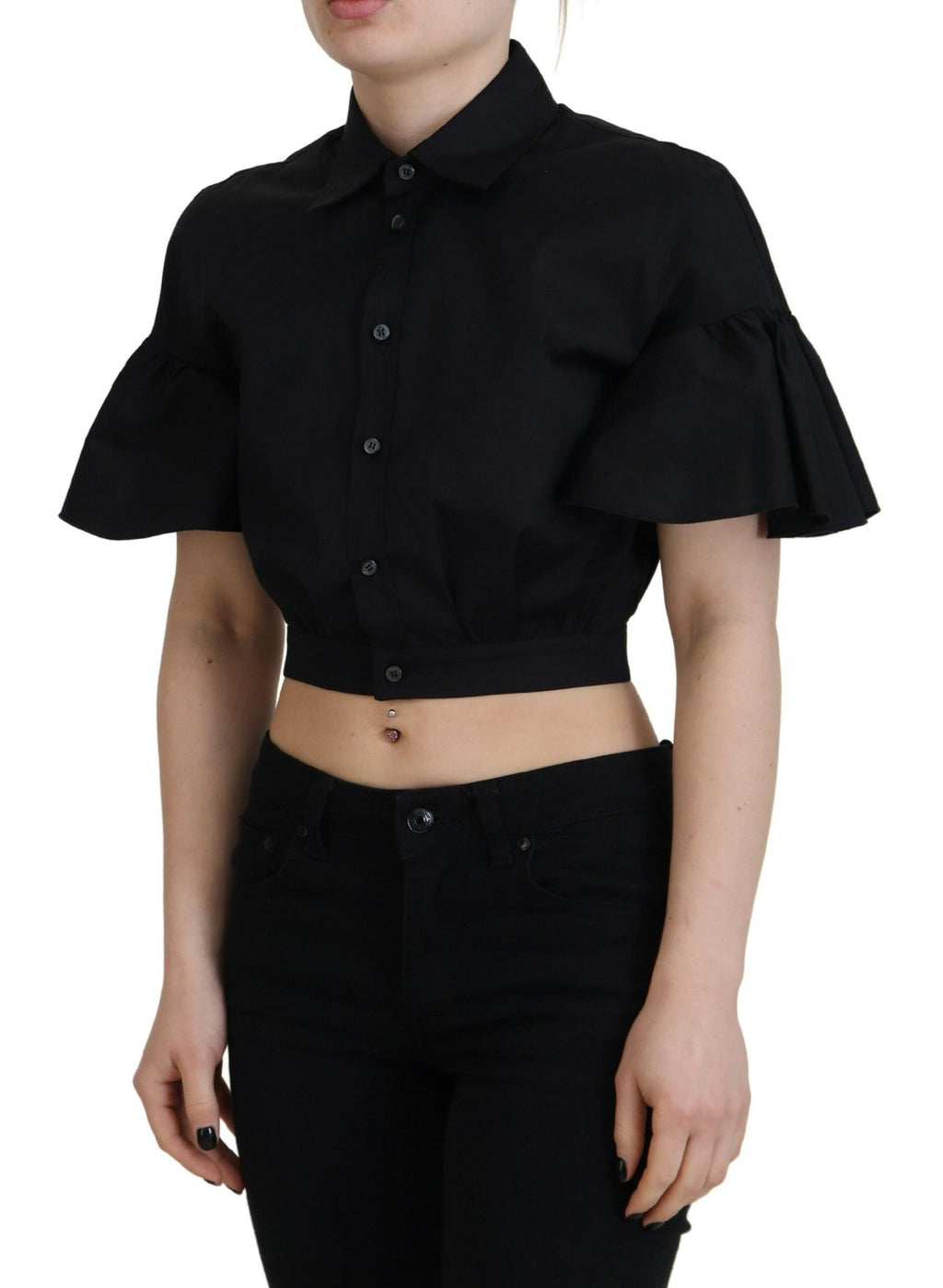 Top court à manches courtes et col, crop top noir de la marque Dsquared², avec boutons sur le devant.