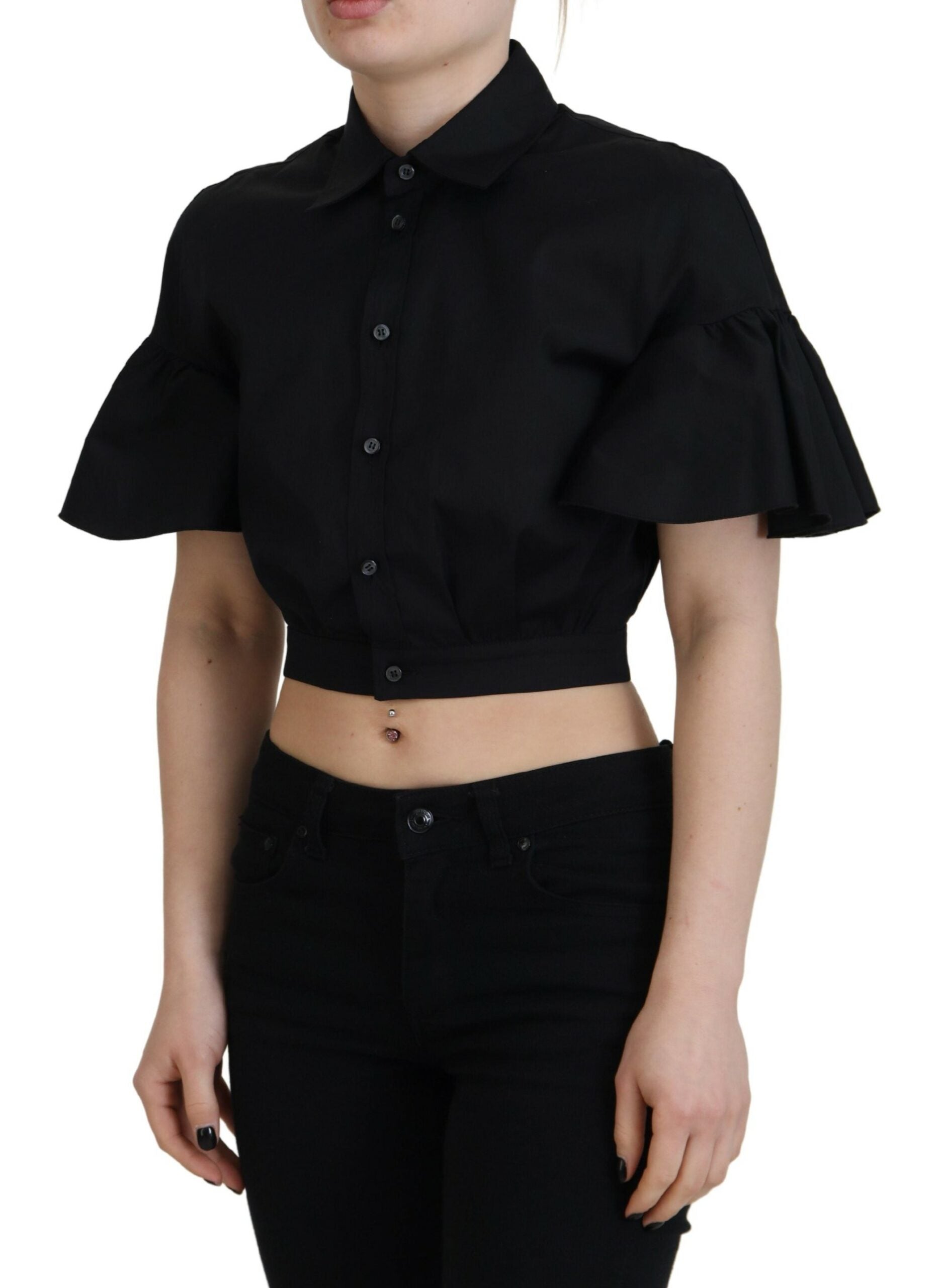 Top court à manches courtes et col, crop top noir de la marque Dsquared², avec boutons sur le devant.