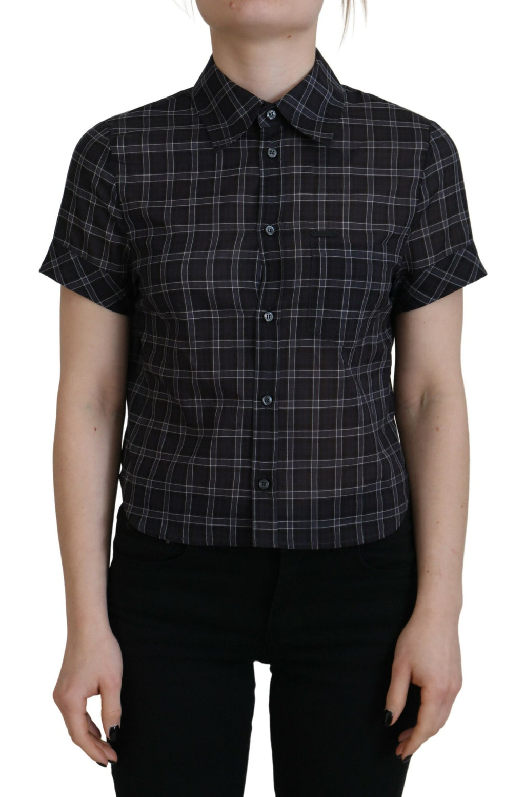Haut à manches courtes à col boutonné en tartan noir de Dsquared², style décontracté et tendance.