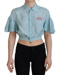 Top court à manches courtes bleue de la marque Dsquared² avec col et boutons, coupe courte et moderne.