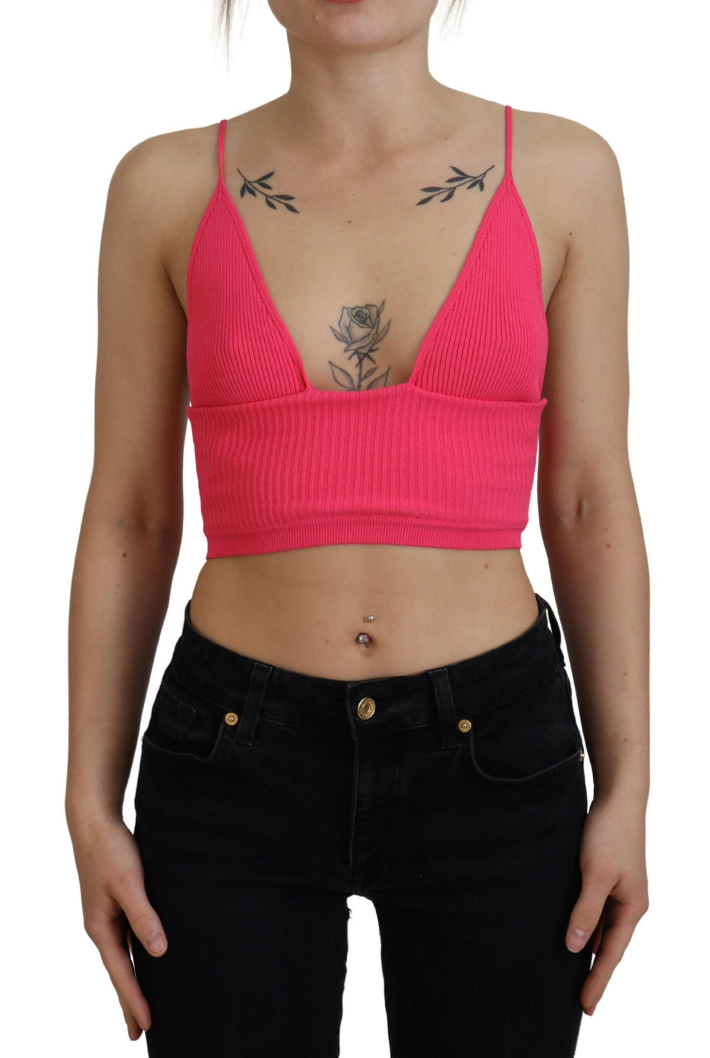 Top cropped en maille rose à fines bretelles, Dsquared², style côtelé et ajusté pour femme.
