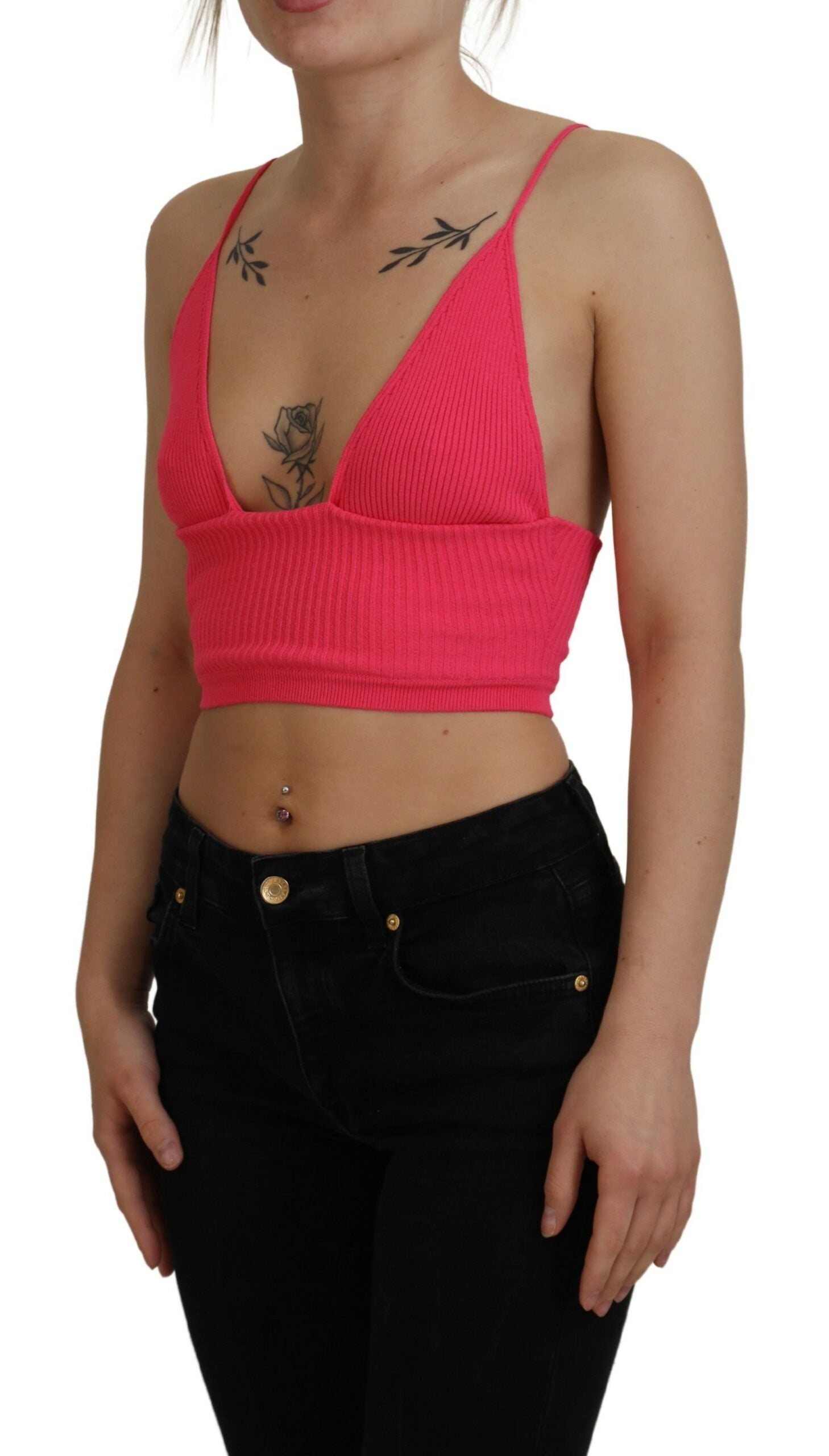 Top crop en maille rose à bretelles spaghetti de Dsquared², style côtelé et ajusté.