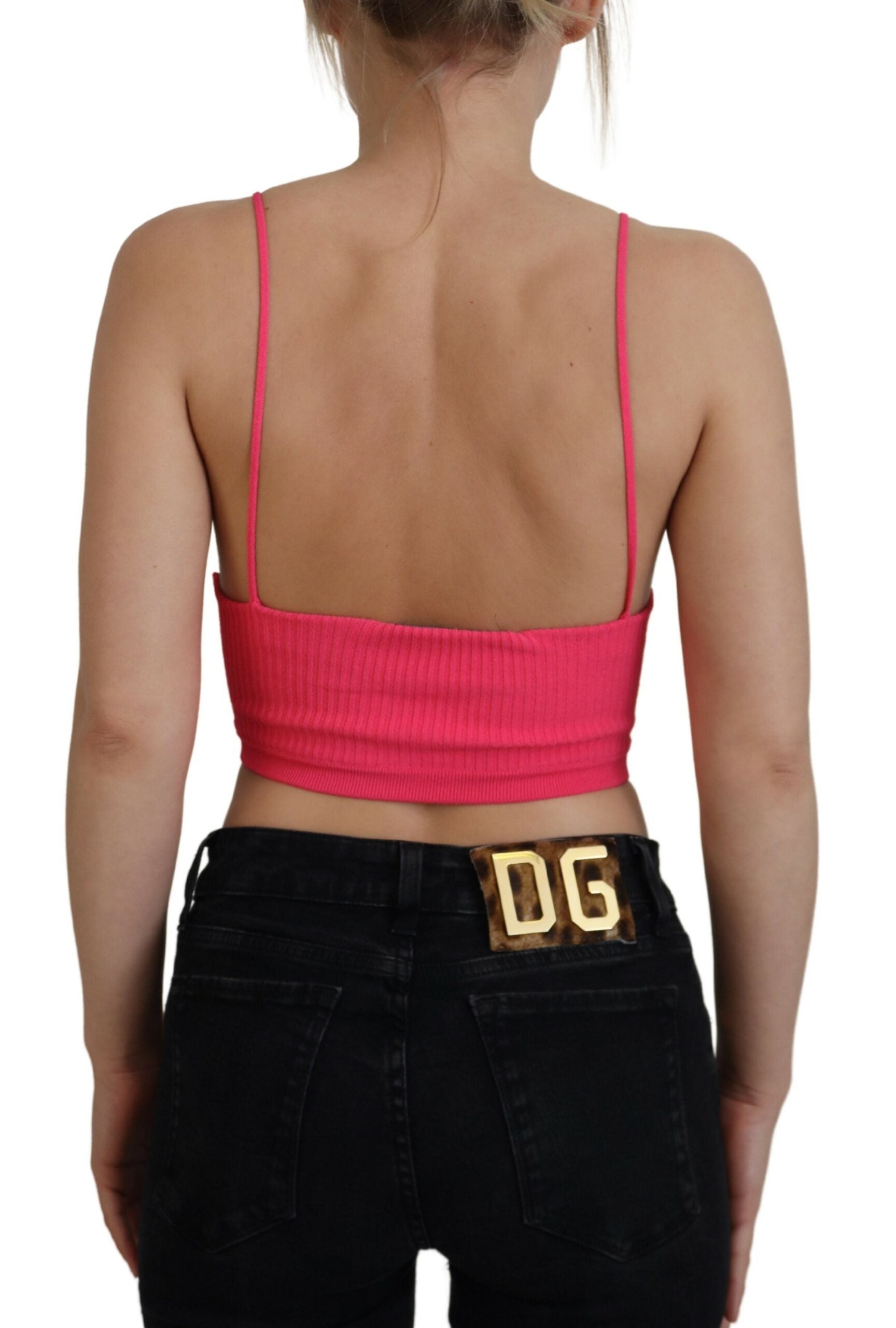 Top court en maille côtelée rose de Dsquared² avec bretelles spaghetti, cropped et ajusté, parfait pour un style décontracté.