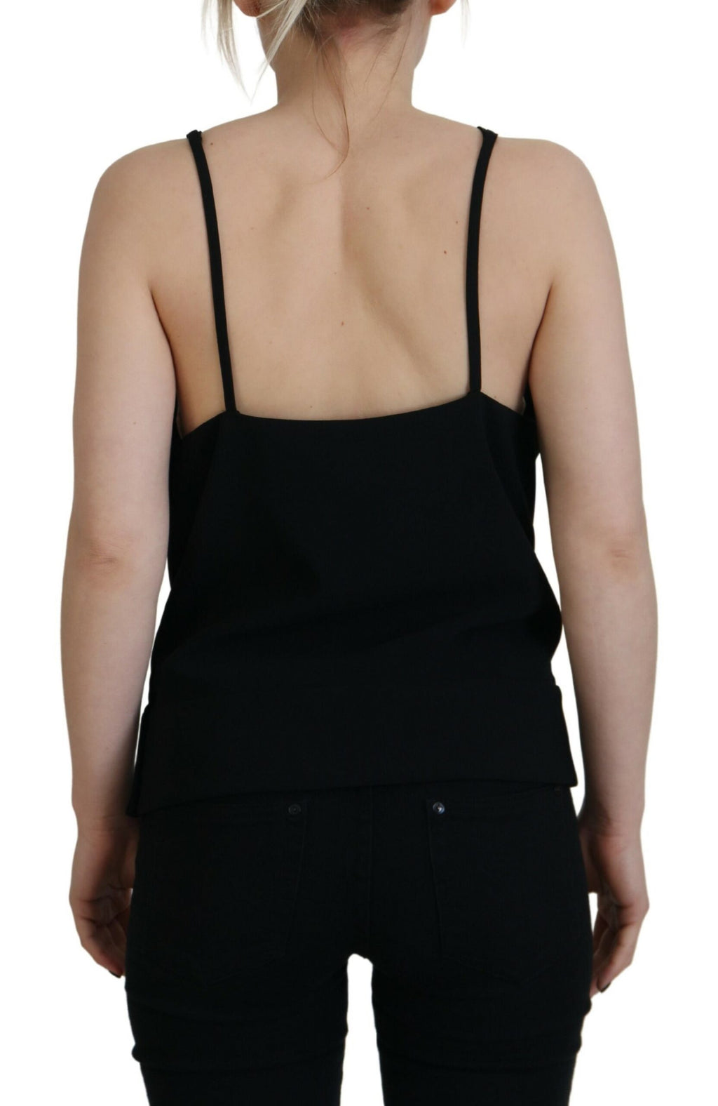 Débardeur sans manches noir Dsquared² avec décolleté en V profond et embellissements, style élégant et tendance.