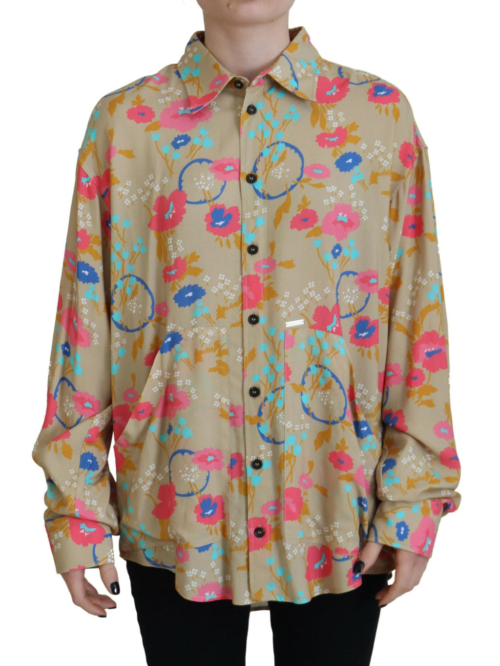 Chemise longue à manches longues beige à fleurs avec col et boutons, style Dsquared².