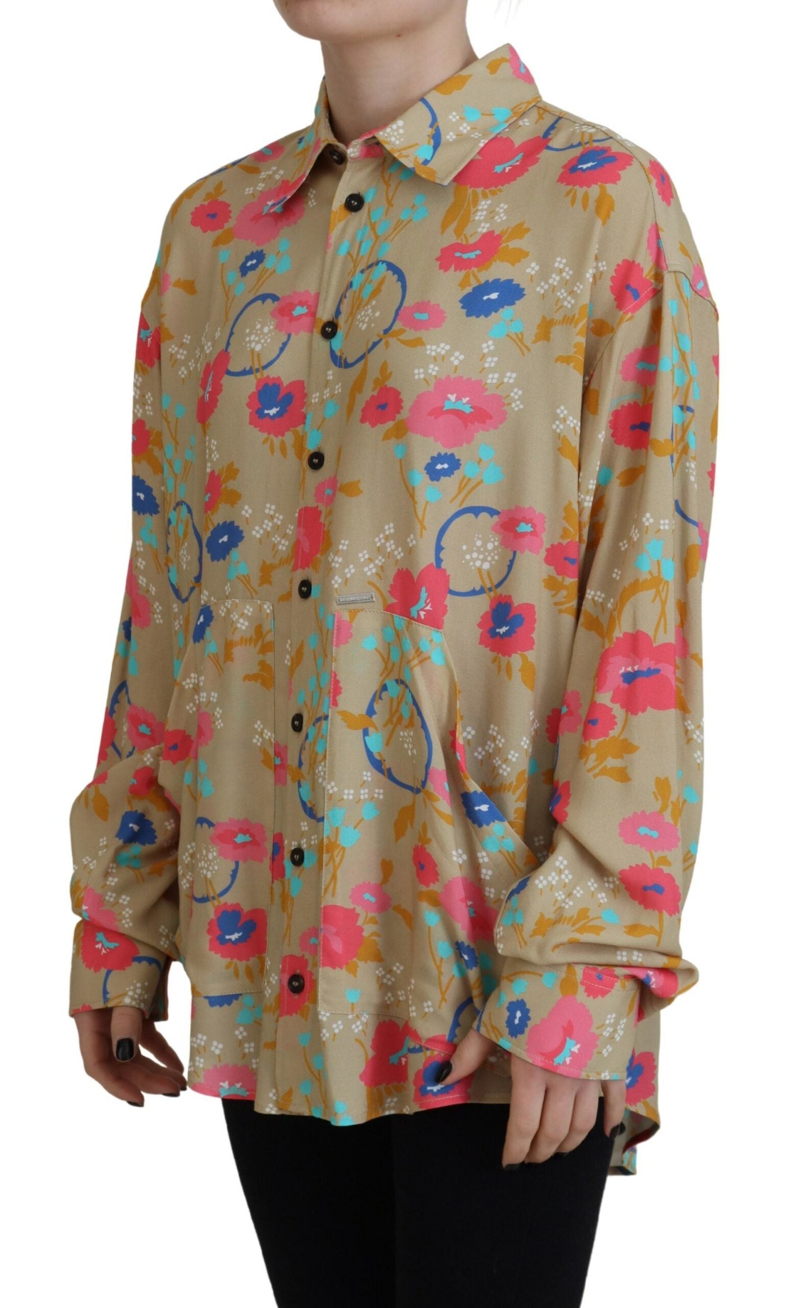 Chemise longue à manches longues beige à fleurs avec col et boutons, de la marque Dsquared².