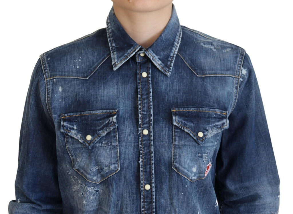 Chemise en jean en coton bleu délavé de Dsquared² avec col boutonné, style décontracté et moderne.