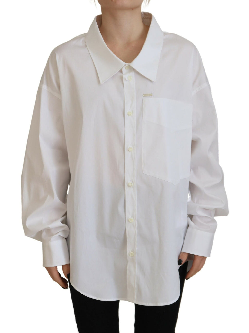 Chemise blanche en coton à manches longues et col à boutons de la marque Dsquared², vue de face.