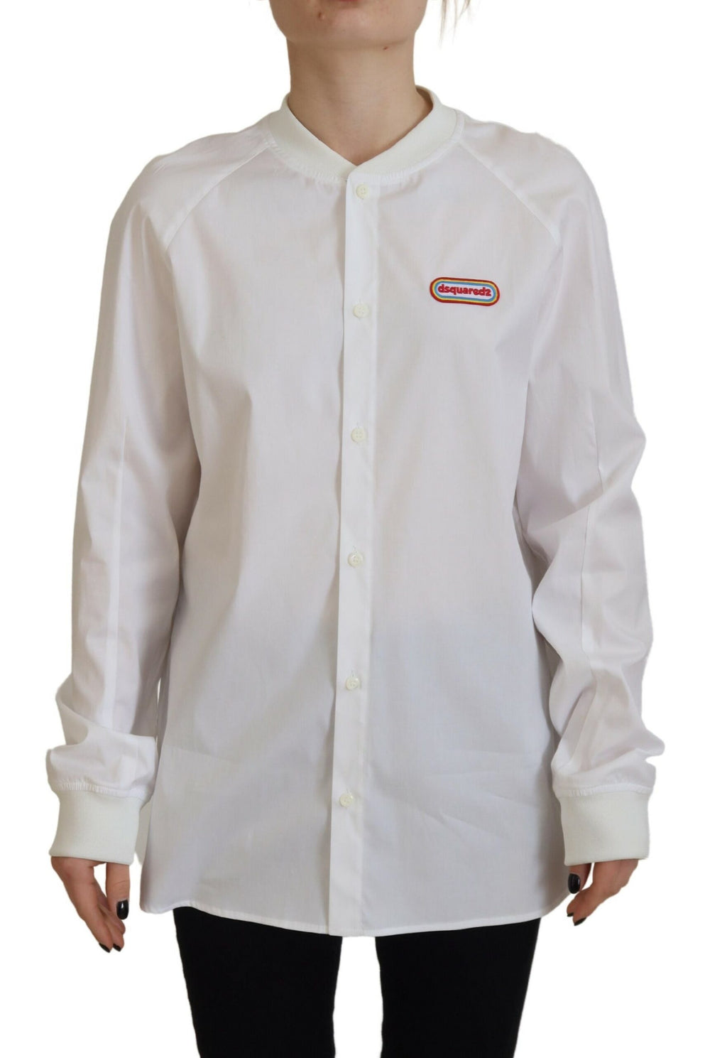 Chemise blanche en coton à manches longues et col ras du cou de Dsquared², vue de face.