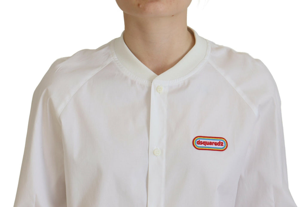 Chemise blanche en coton pour homme de Dsquared², manches longues à boutons et col ras du cou, vue de face.