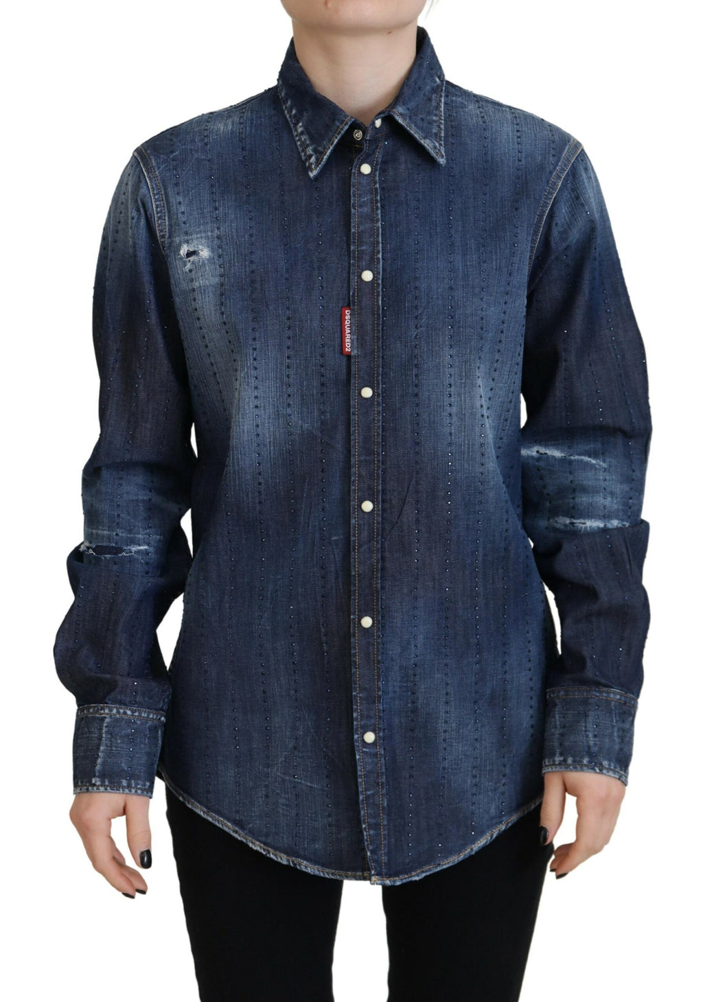 Chemise en denim bleu délavé Dsquared² avec col et boutons, tissu en coton pour un style décontracté.