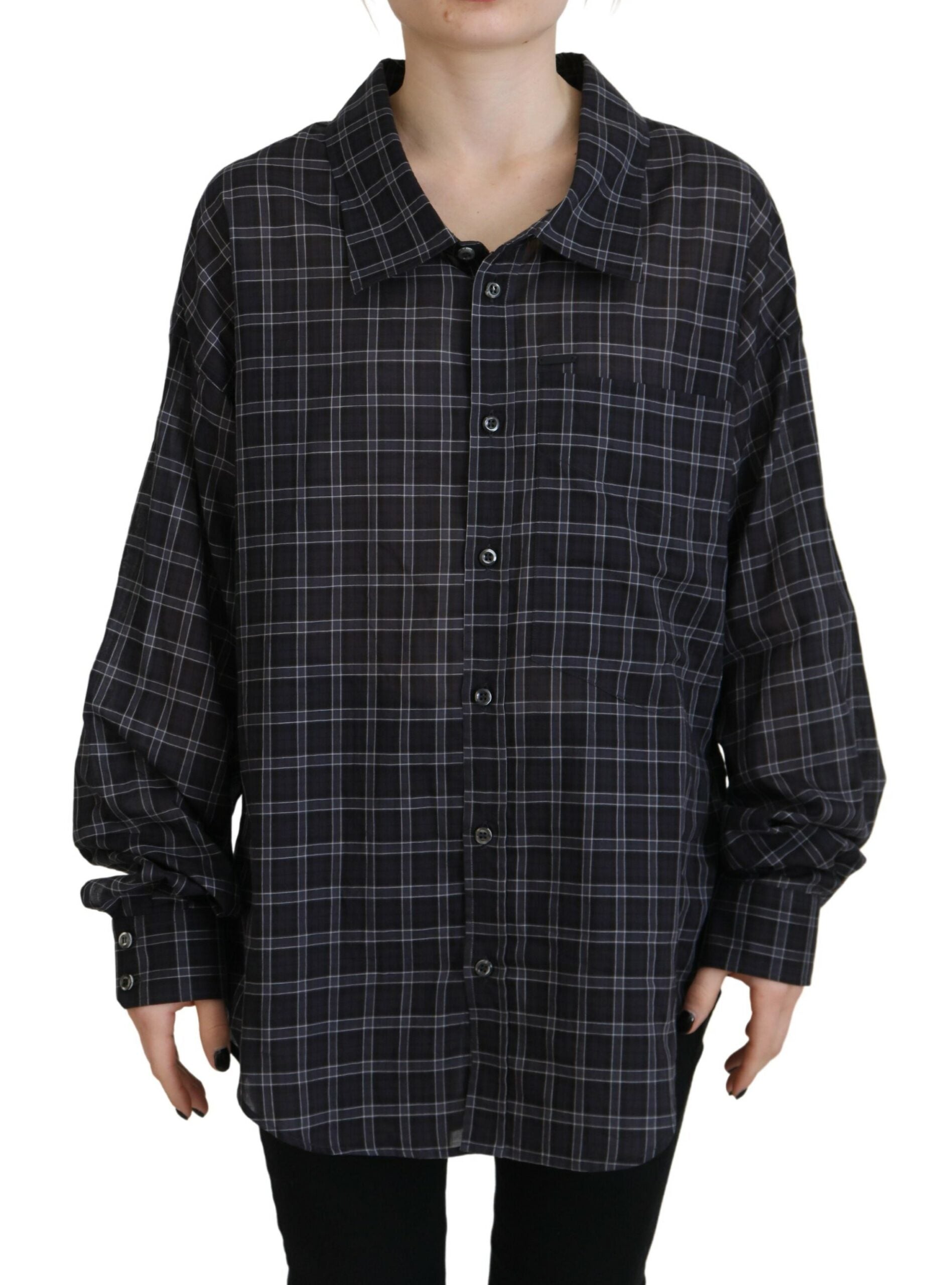 Chemise à manches longues à carreaux noirs avec col et boutons, marque Dsquared², vue de l'avant.