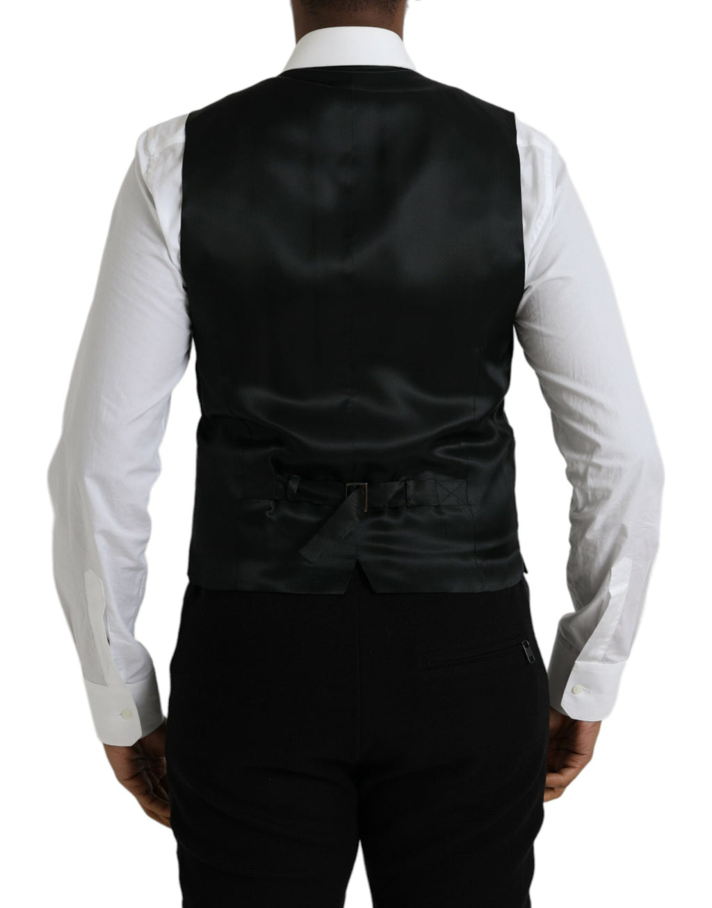 Gilet de costume en laine noire Dolce & Gabbana pour femme, ajusté et élégant, porté sur une tenue formelle.