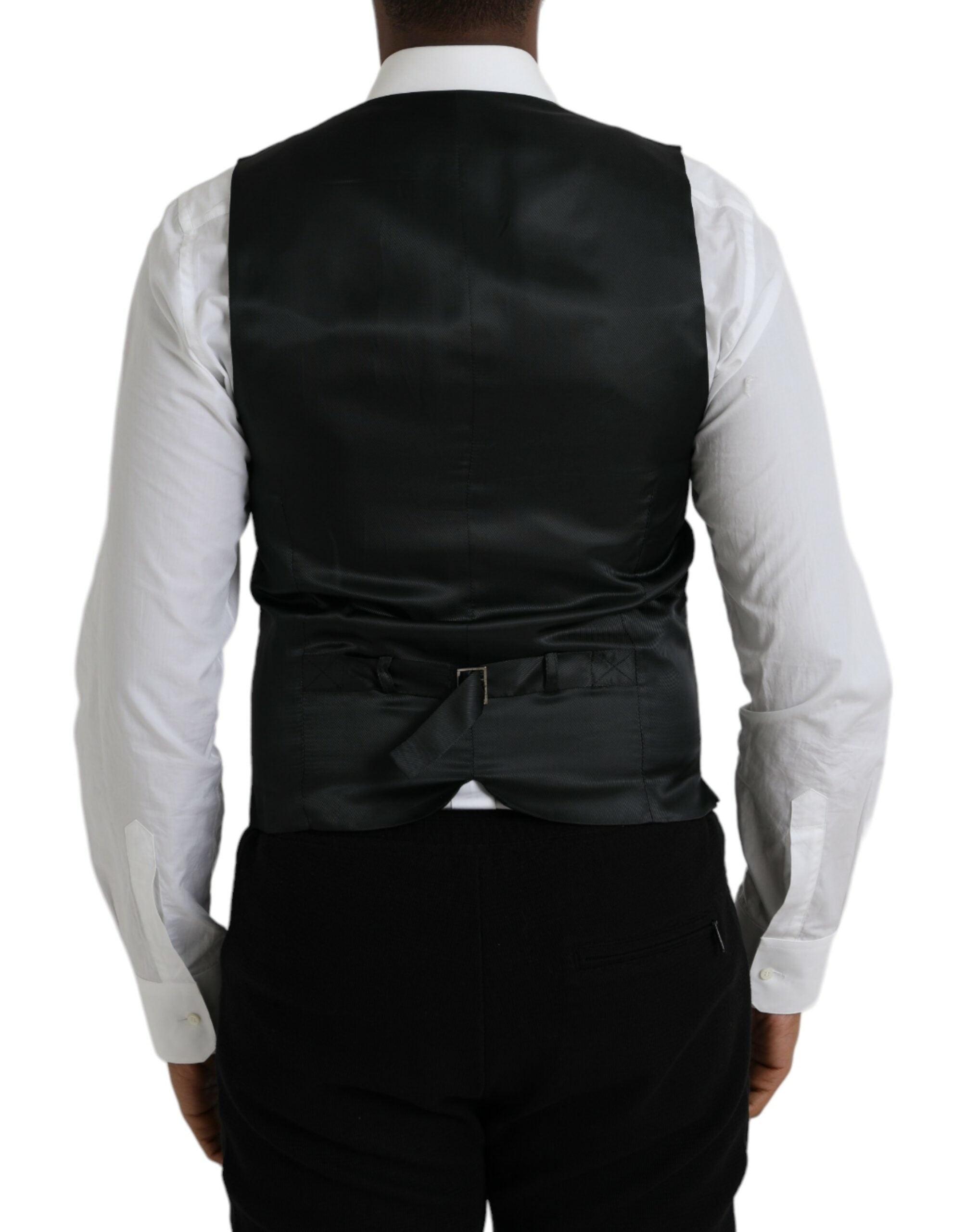 Gilet formel en laine grise de Dolce & Gabbana, veste ajustée élégante pour homme ou femme, détail sophistiqué.