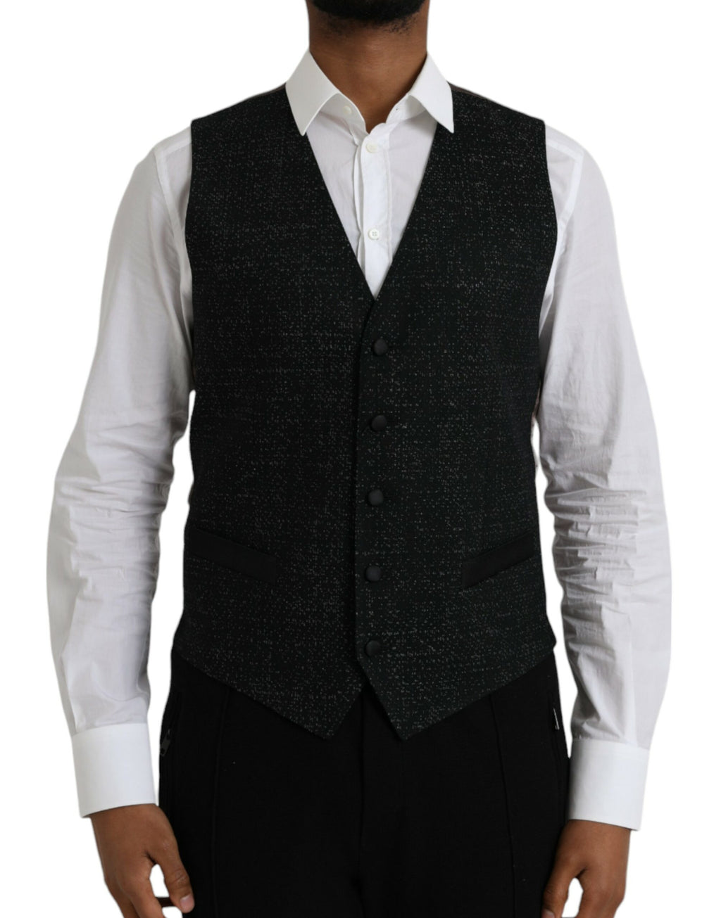 Gilet de robe formel en soie noire et marron de Dolce & Gabbana, élégant et sophistiqué, porté comme une veste ajustée.