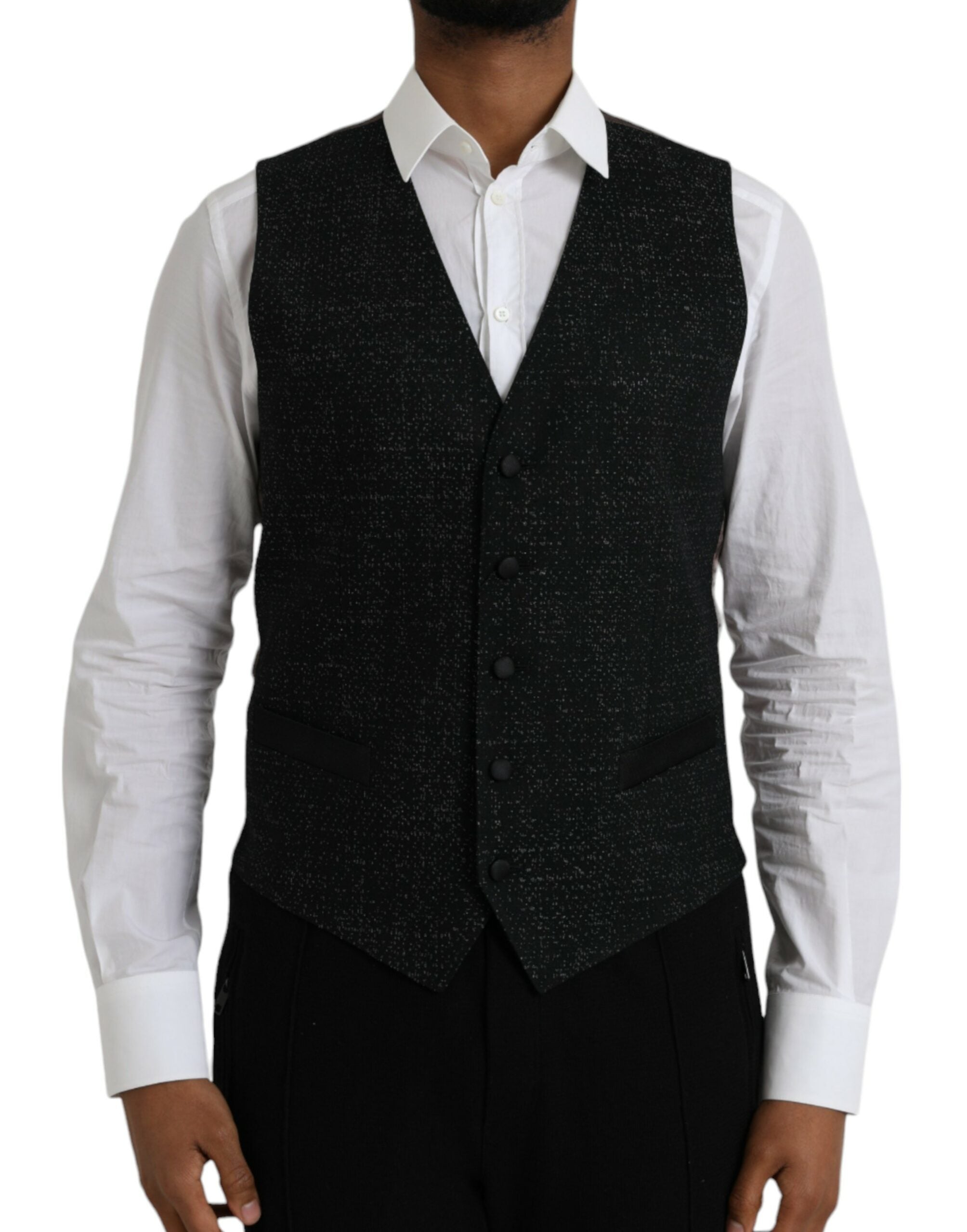 Gilet de robe formel en soie noire et marron de Dolce & Gabbana, élégant et sophistiqué, porté comme une veste ajustée.