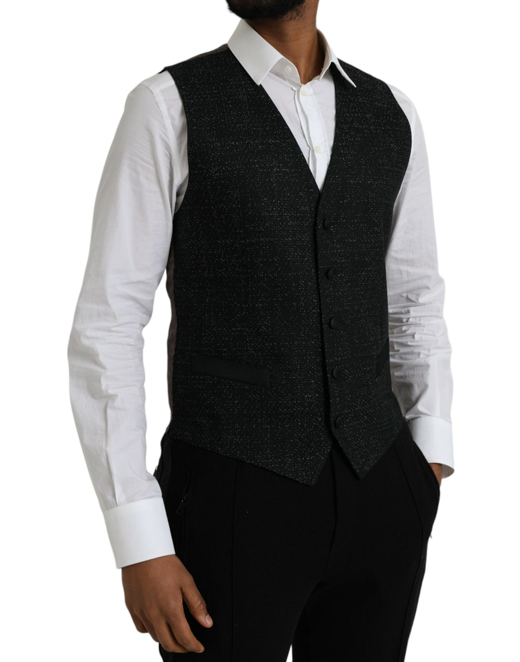 Gilet de robe formel en soie noire et marron de Dolce & Gabbana, élégant et sophistiqué, porté en mode vestito.