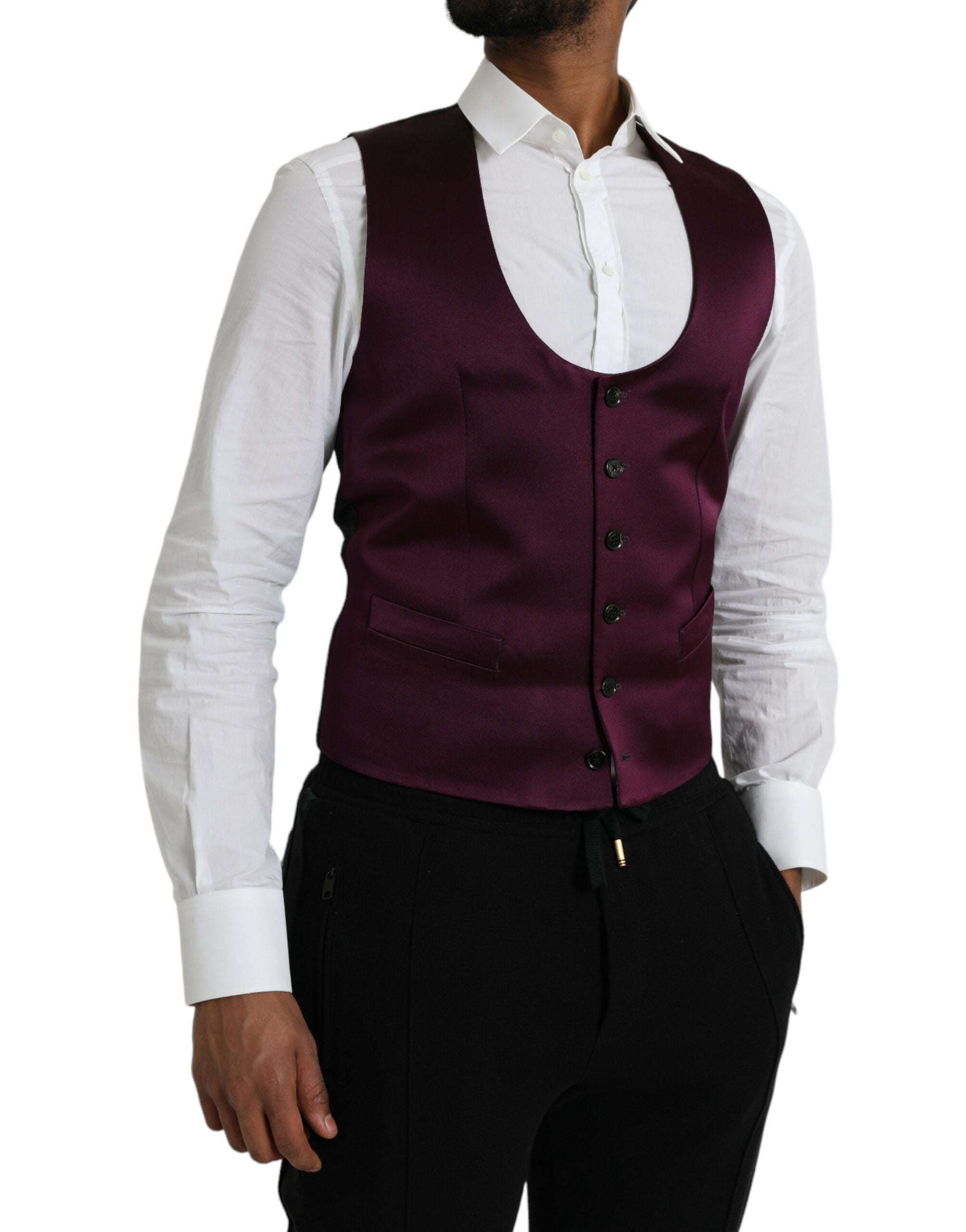 Gilet de costume en satin bordeaux Dolce & Gabbana, robe sans manches élégante pour occasion formelle.