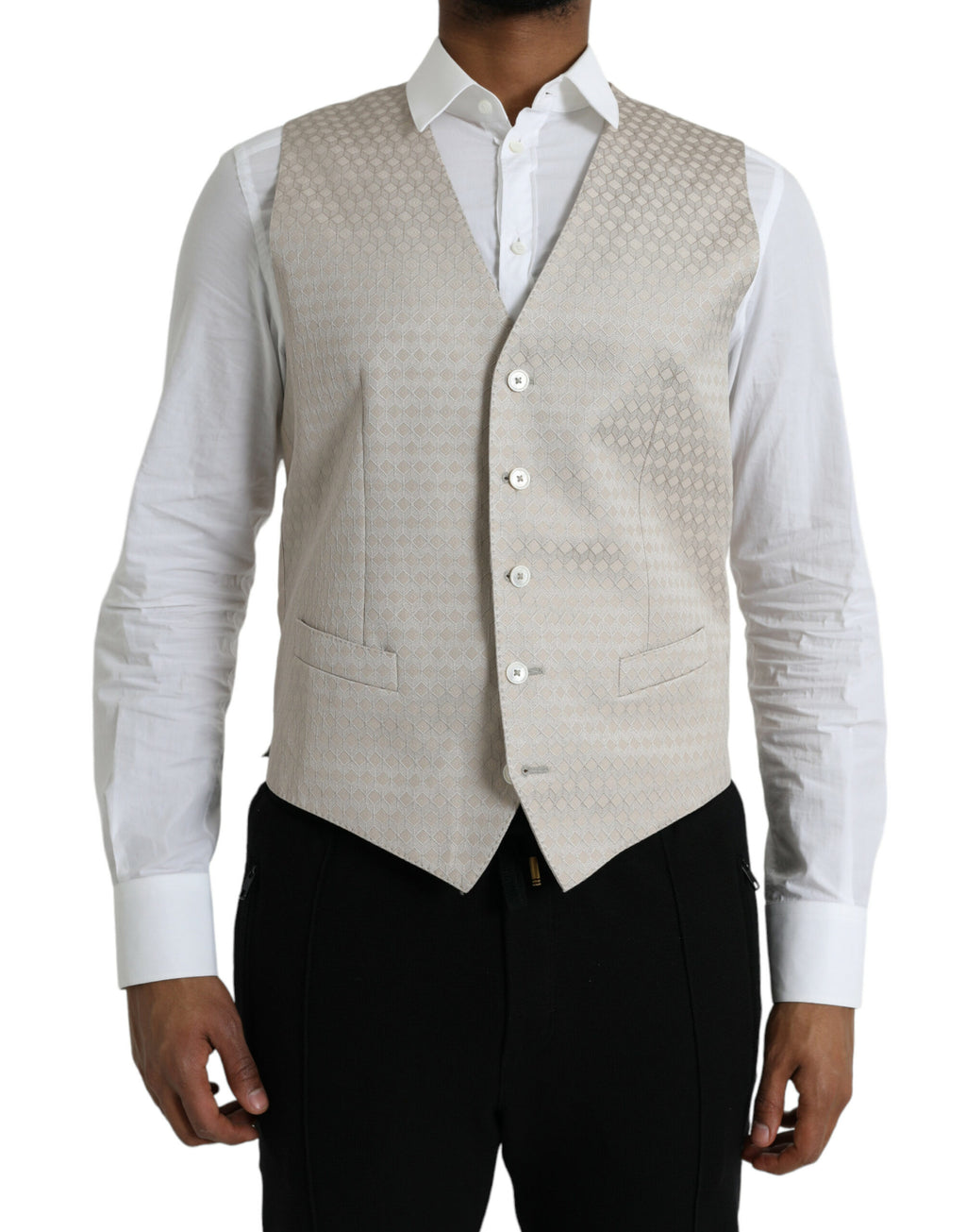 Robe sans manches en coton blanc Dolce & Gabbana, veste de costume formelle élégante, détail de la mode raffinée.