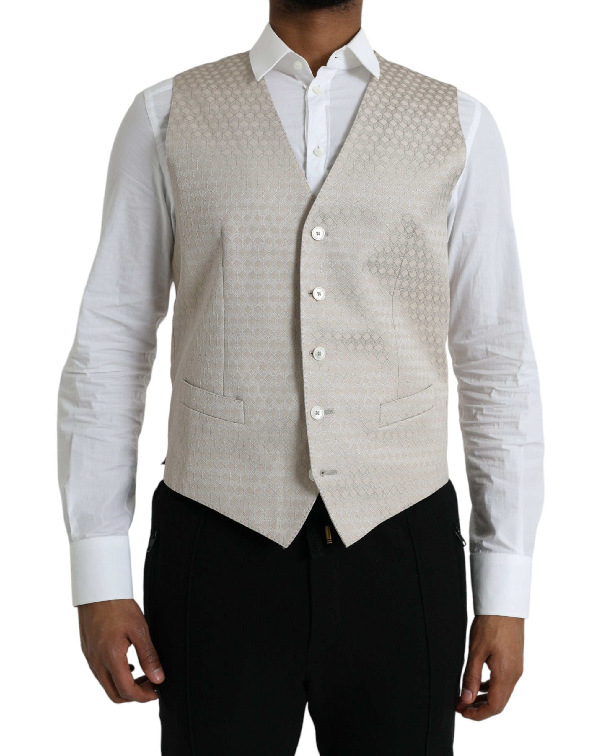 Robe sans manches en coton blanc Dolce & Gabbana, veste de costume formelle élégante, détail de la mode raffinée.