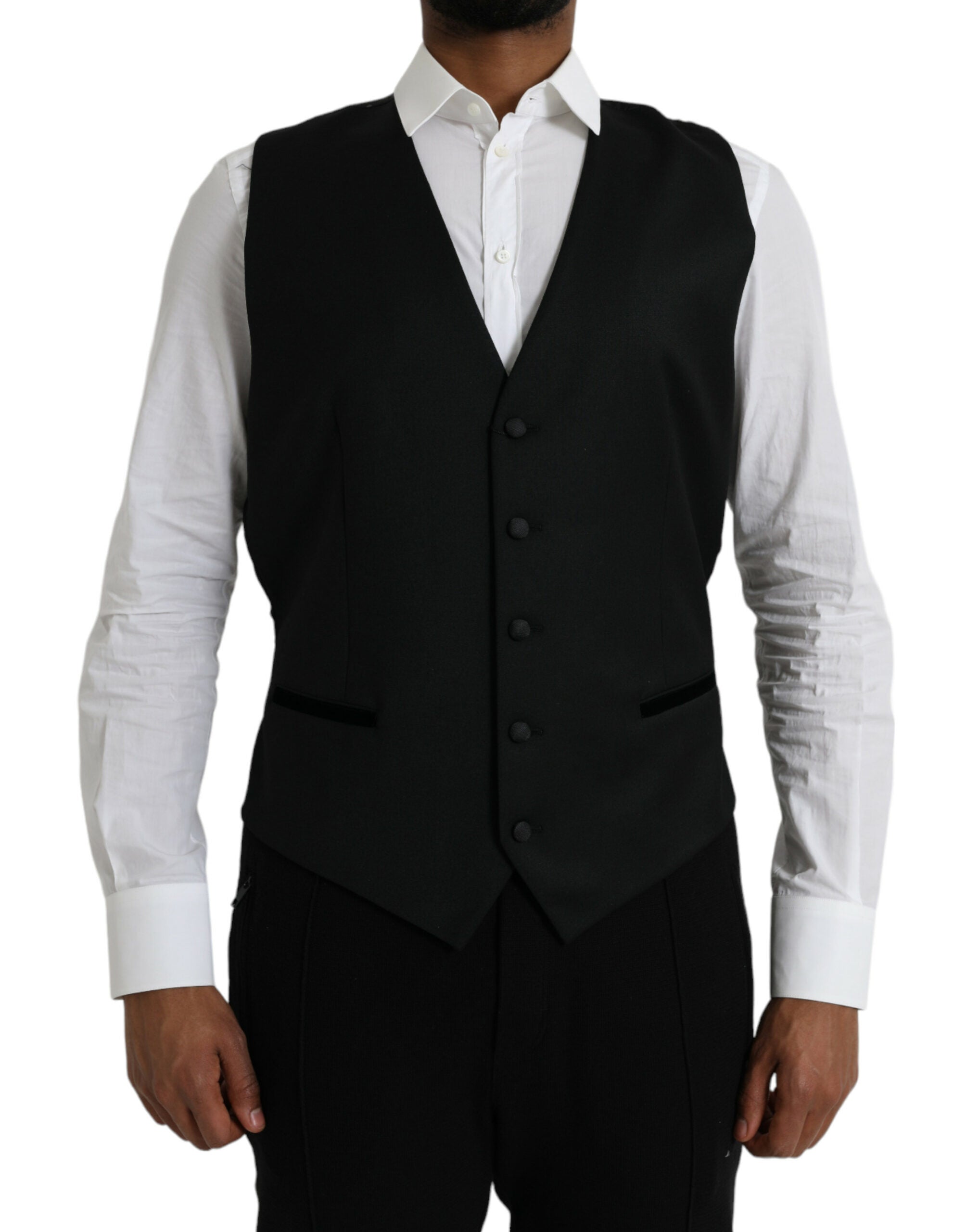 Robe de costume en soie noire Dolce & Gabbana, robe sans manches élégante avec ceinture à la taille, pour occasion formelle.
