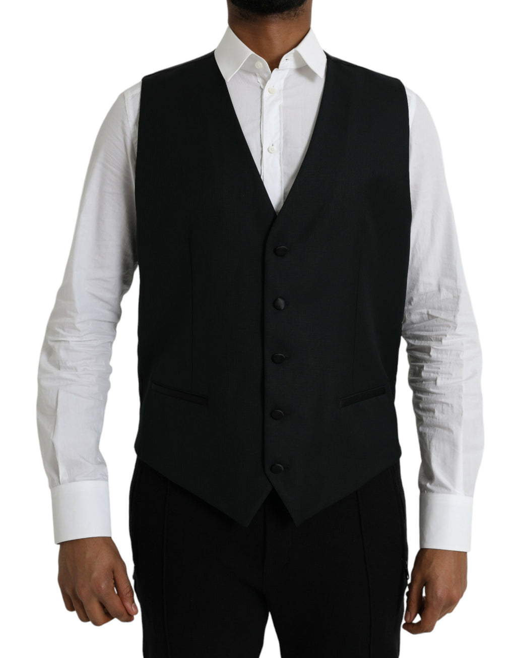 Gilet noir en laine Dolce & Gabbana, robe de costume formelle, veste élégante à la taille, détails sophistiqués.