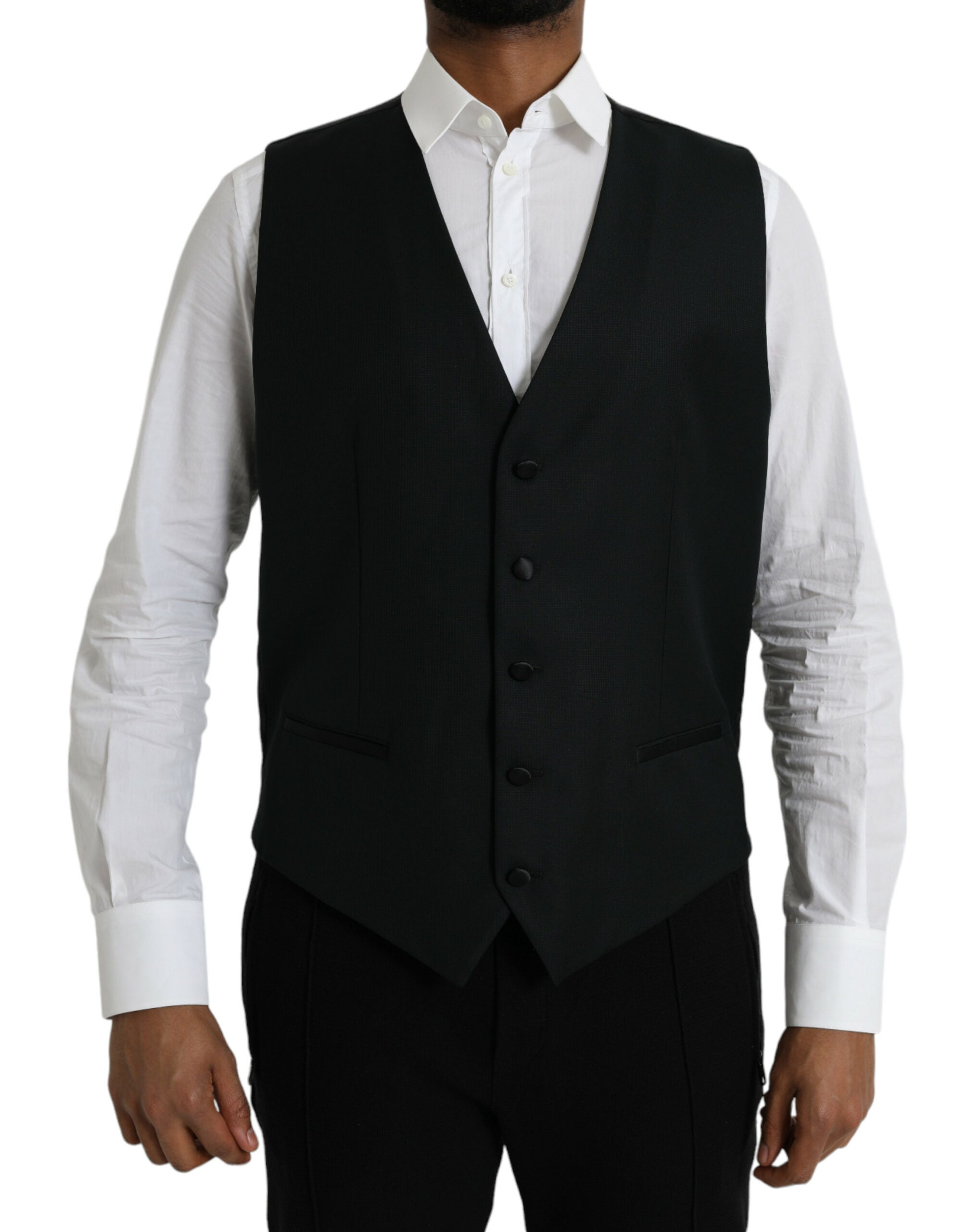 Gilet noir en laine Dolce & Gabbana, robe de costume formelle, veste élégante à la taille, détails sophistiqués.