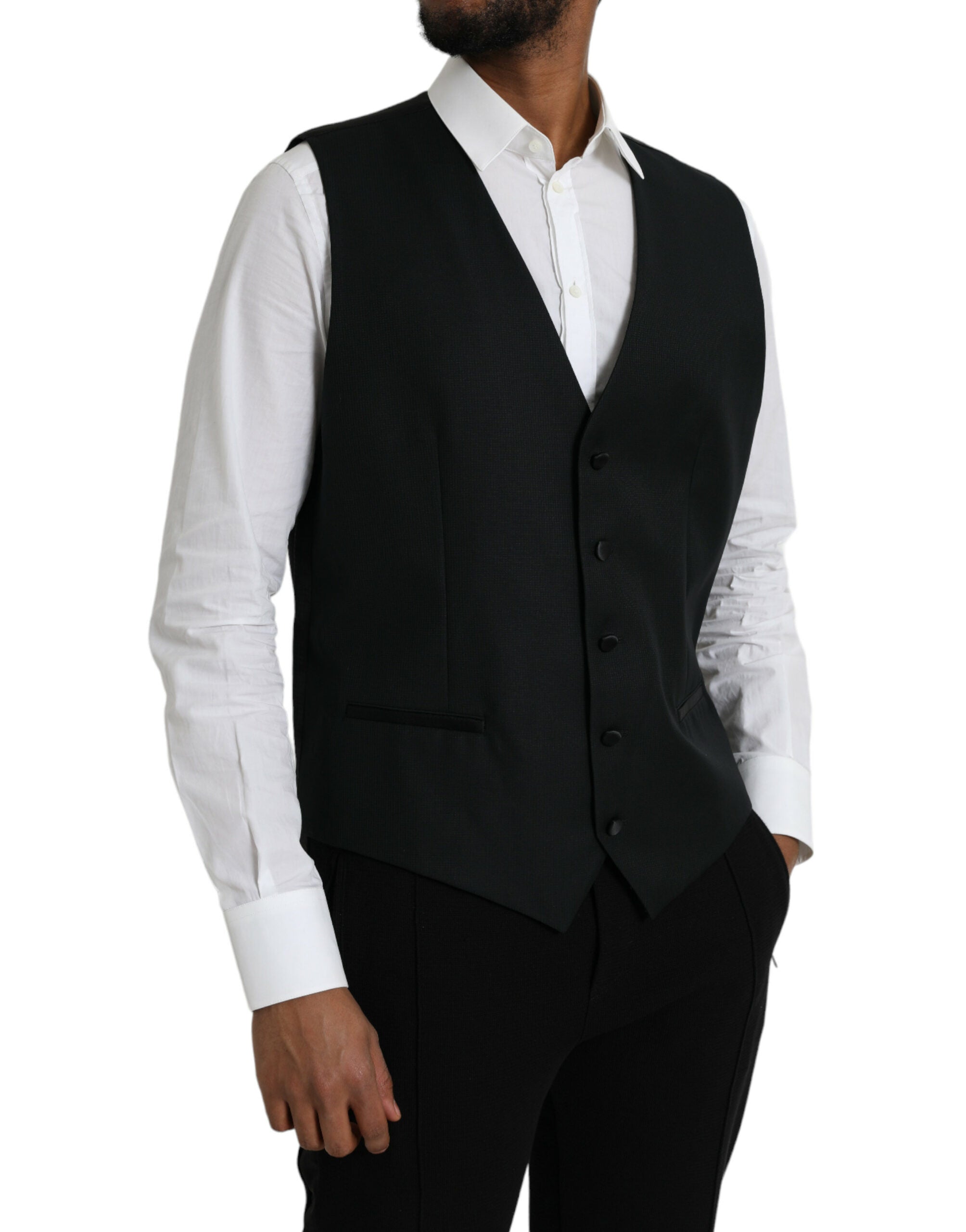Gilet formel noir en laine Dolce & Gabbana, veste cintrée élégante avec col en laine et détails sophistiqués.