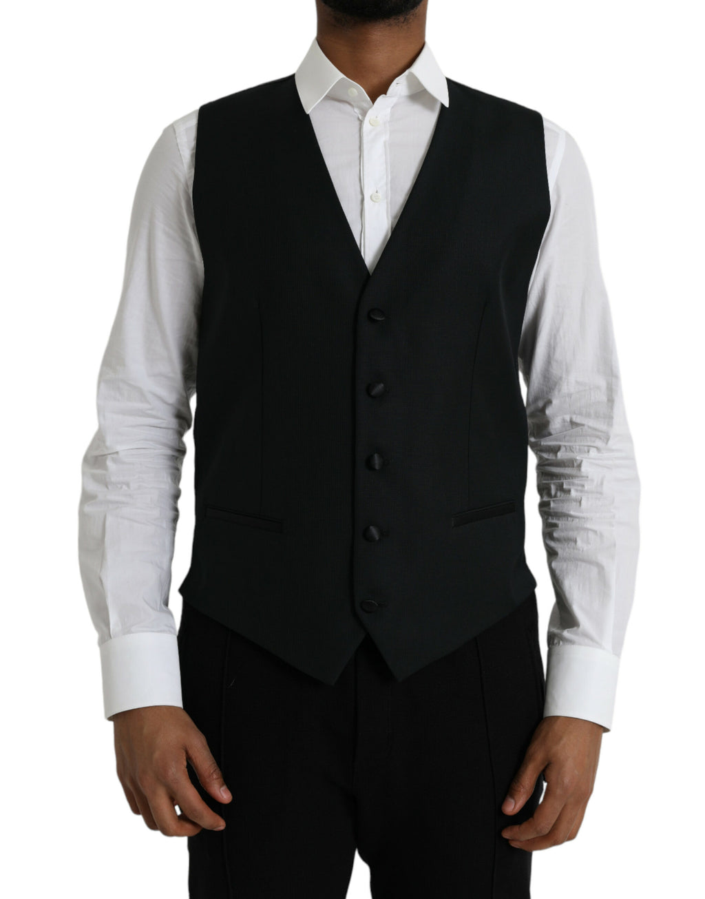 Veste sans manches en laine noire Dolce & Gabbana, robe veste formelle élégante, détail élégant et coupe structurée.
