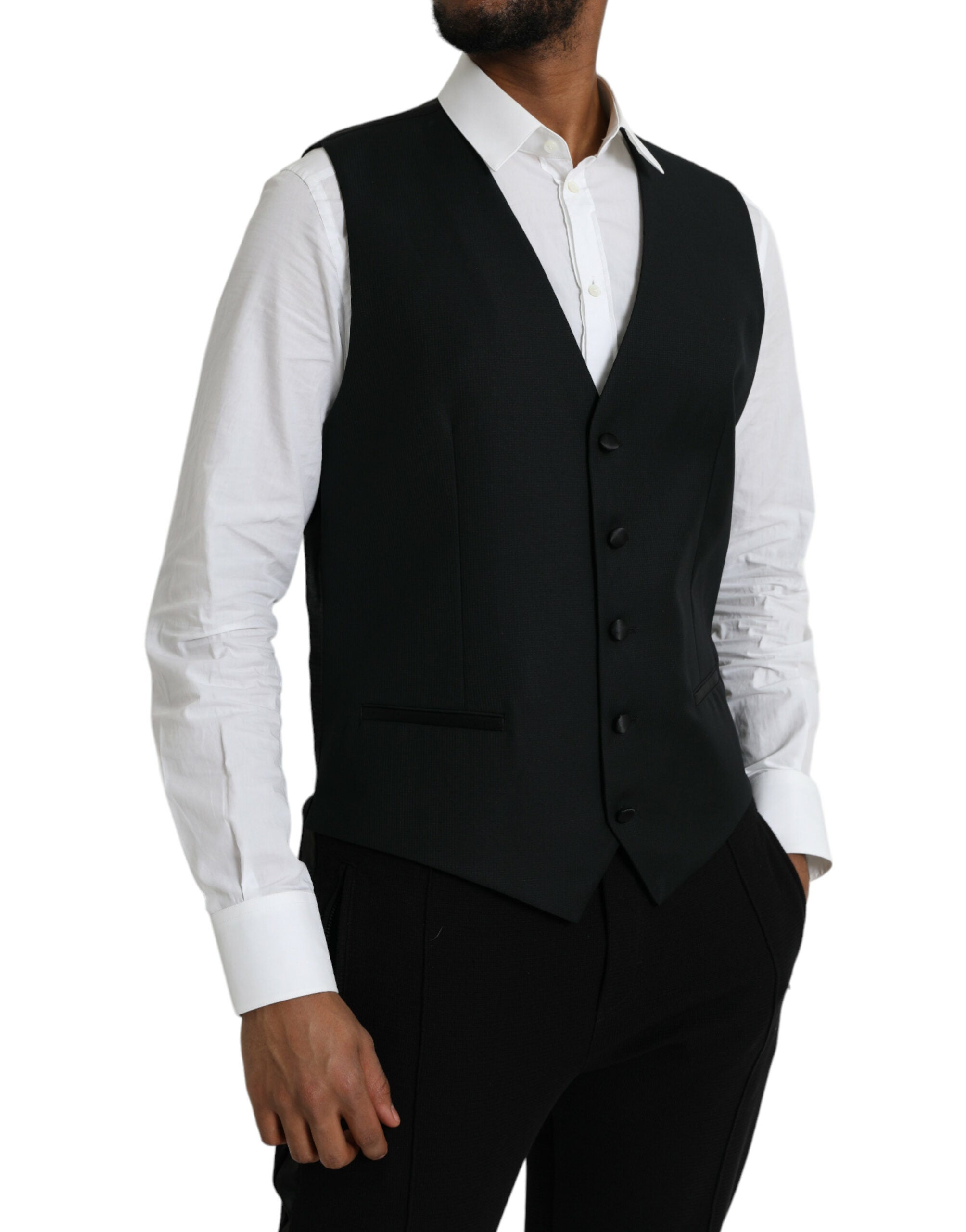 Gilet de robe en laine noire Dolce & Gabbana, vêtement formel élégant avec coupe ajustée et détails sophistiqués.