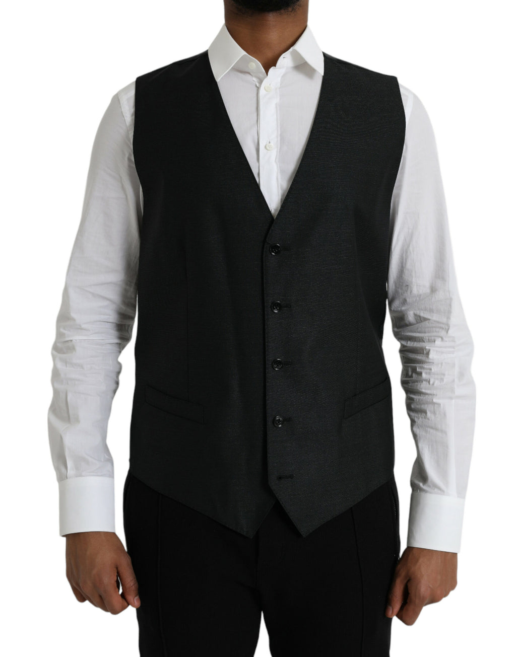 Gilet de robe en laine noire Dolce & Gabbana, robe formelle ajustée avec col en V et détail élégant pour femme.