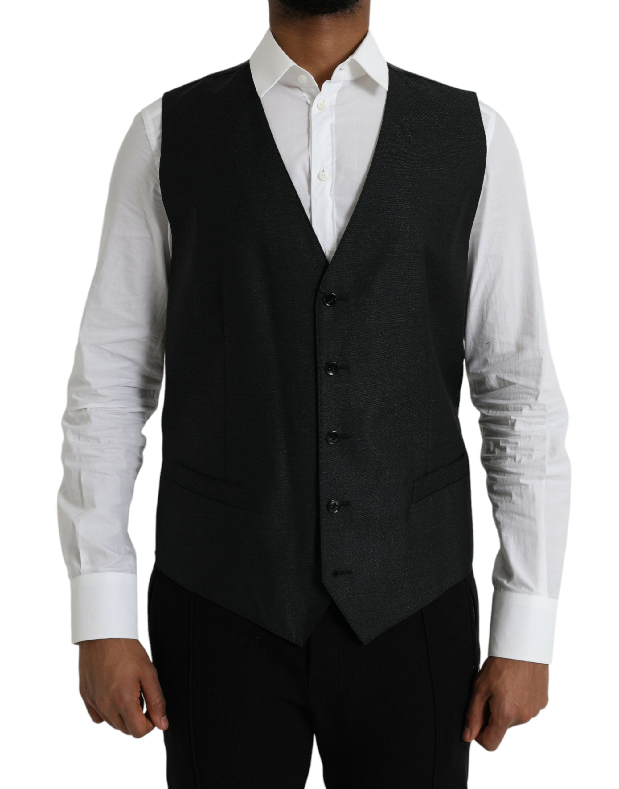 Gilet de robe en laine noire Dolce & Gabbana, robe formelle ajustée avec col en V et détail élégant pour femme.