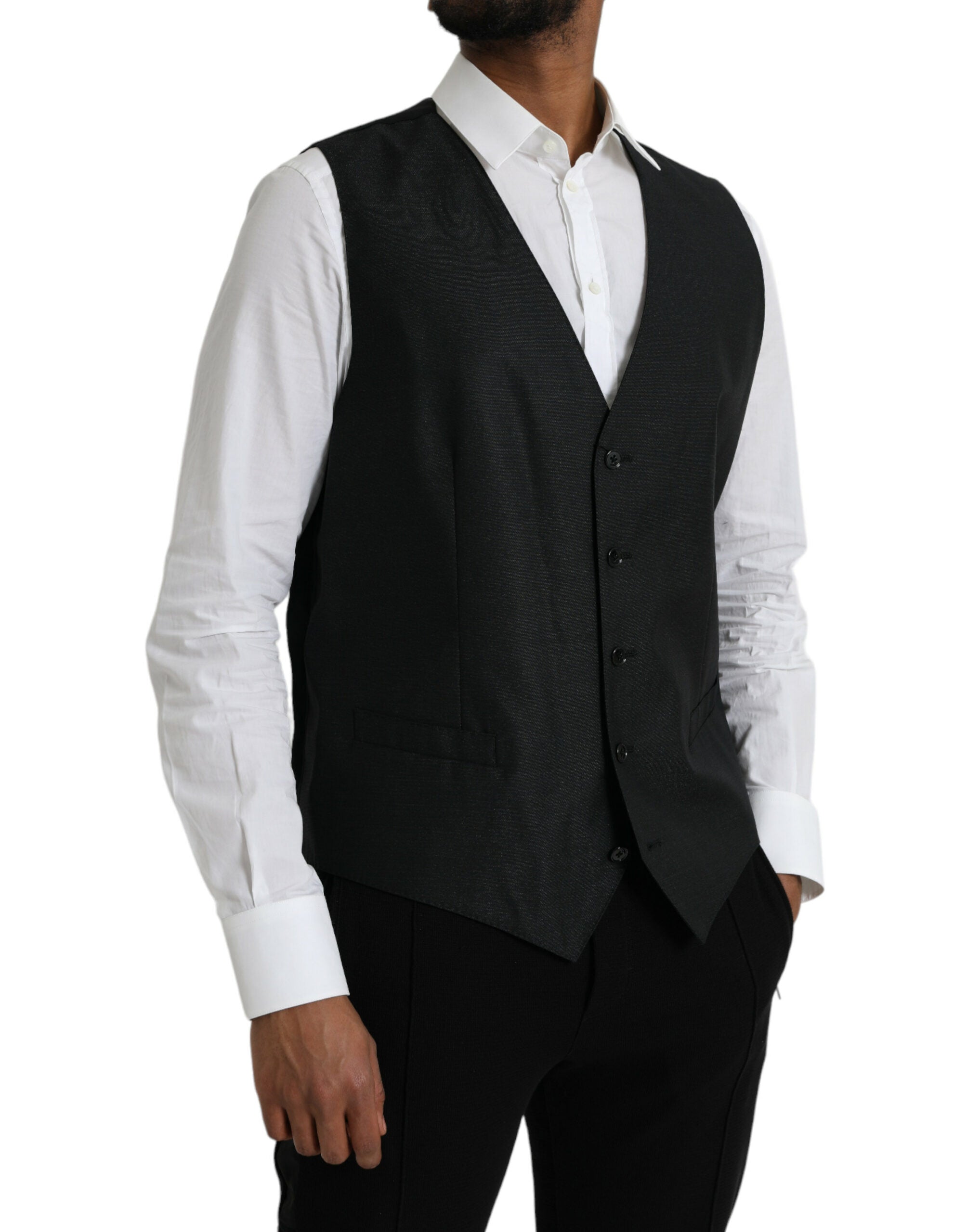 Gilet formel en laine noire Dolce & Gabbana, robe sans manches élégante, détail sophistiqué et coupe ajustée.
