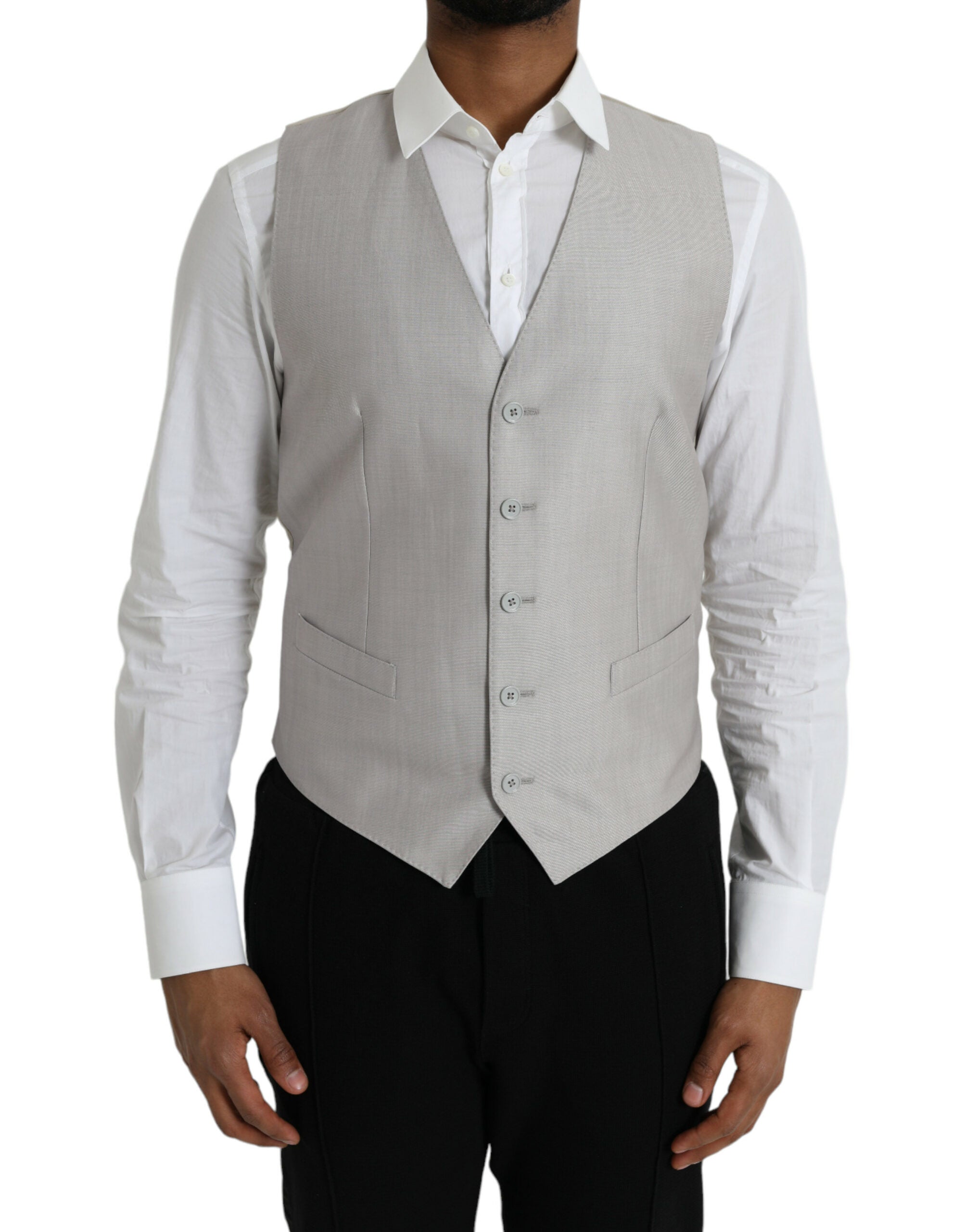 Gilet en laine gris clair Dolce & Gabbana pour homme, costume formel élégant, vue de face sur fond neutre.