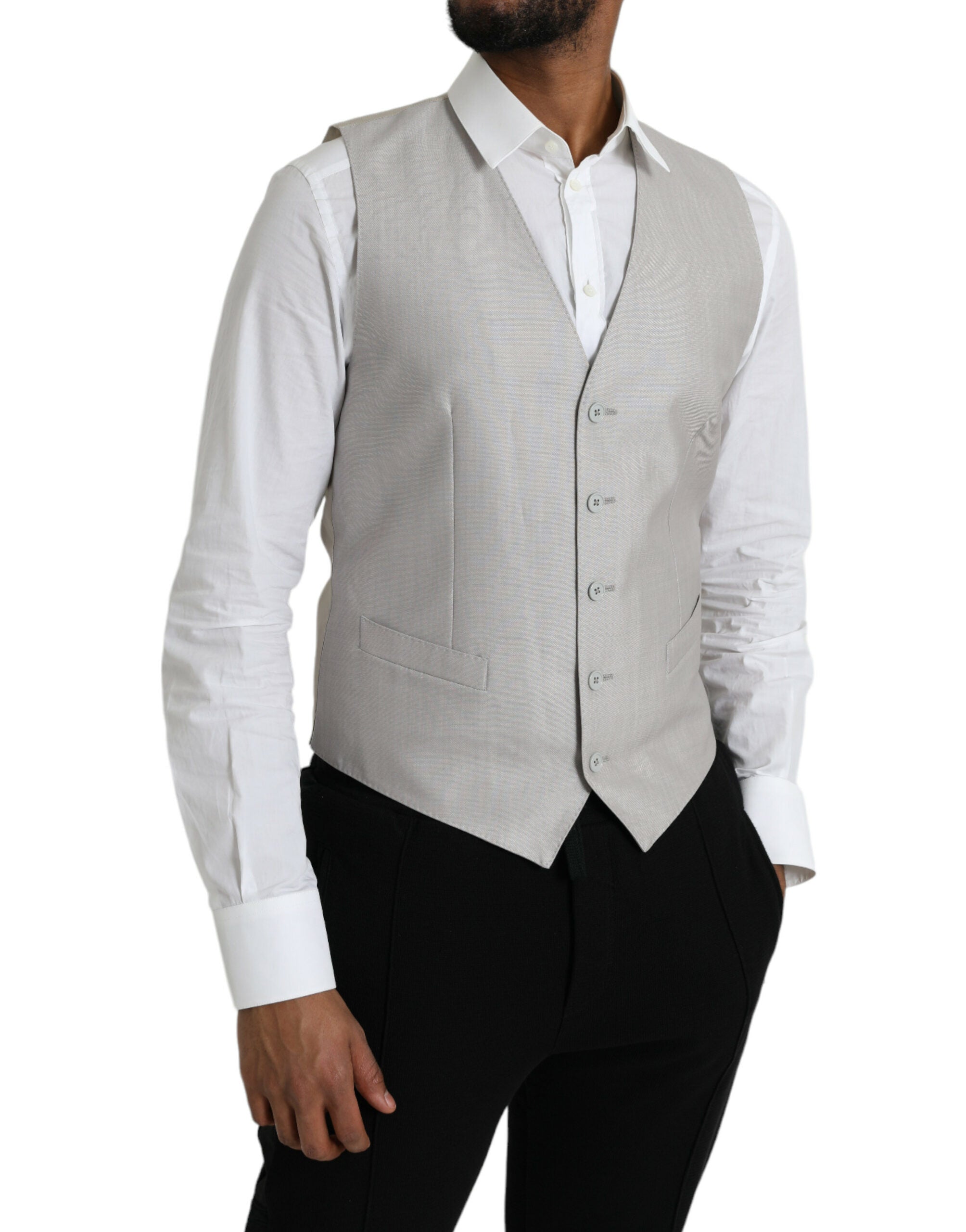 Gilet formel en laine gris clair de Dolce & Gabbana, veste élégante pour homme, détail sophistiqué et finition soignée.