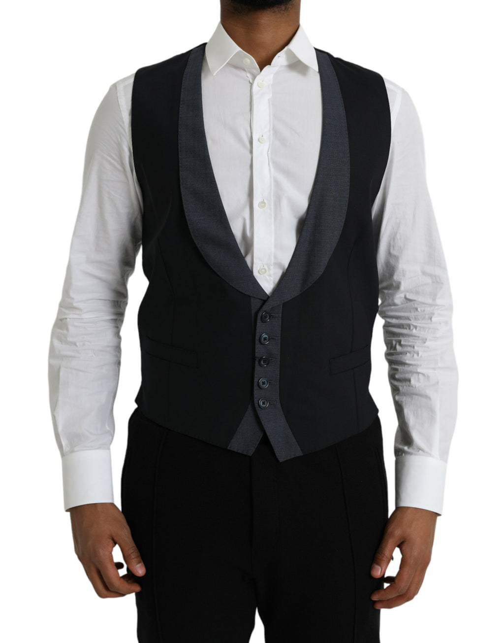 Gilet de costume noir en laine Dolce & Gabbana, veste formelle élégante pour femmes ou hommes, détails sophistiqués.
