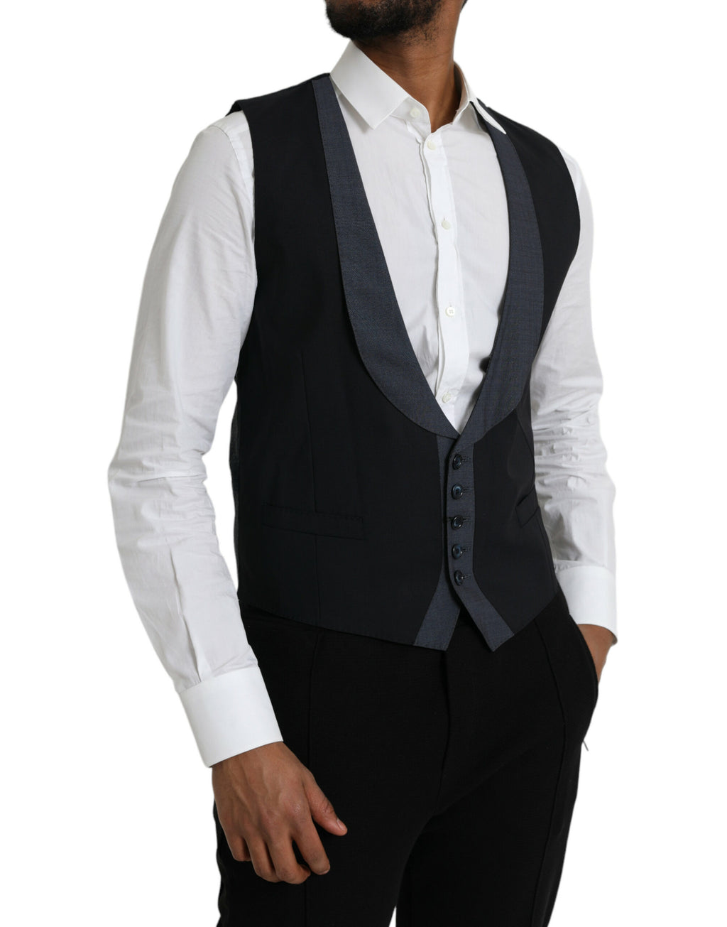 Robe-waistcoat en laine noire de Dolce & Gabbana, vêtement formel élégant avec coupe ajustée et détails sophistiqués.