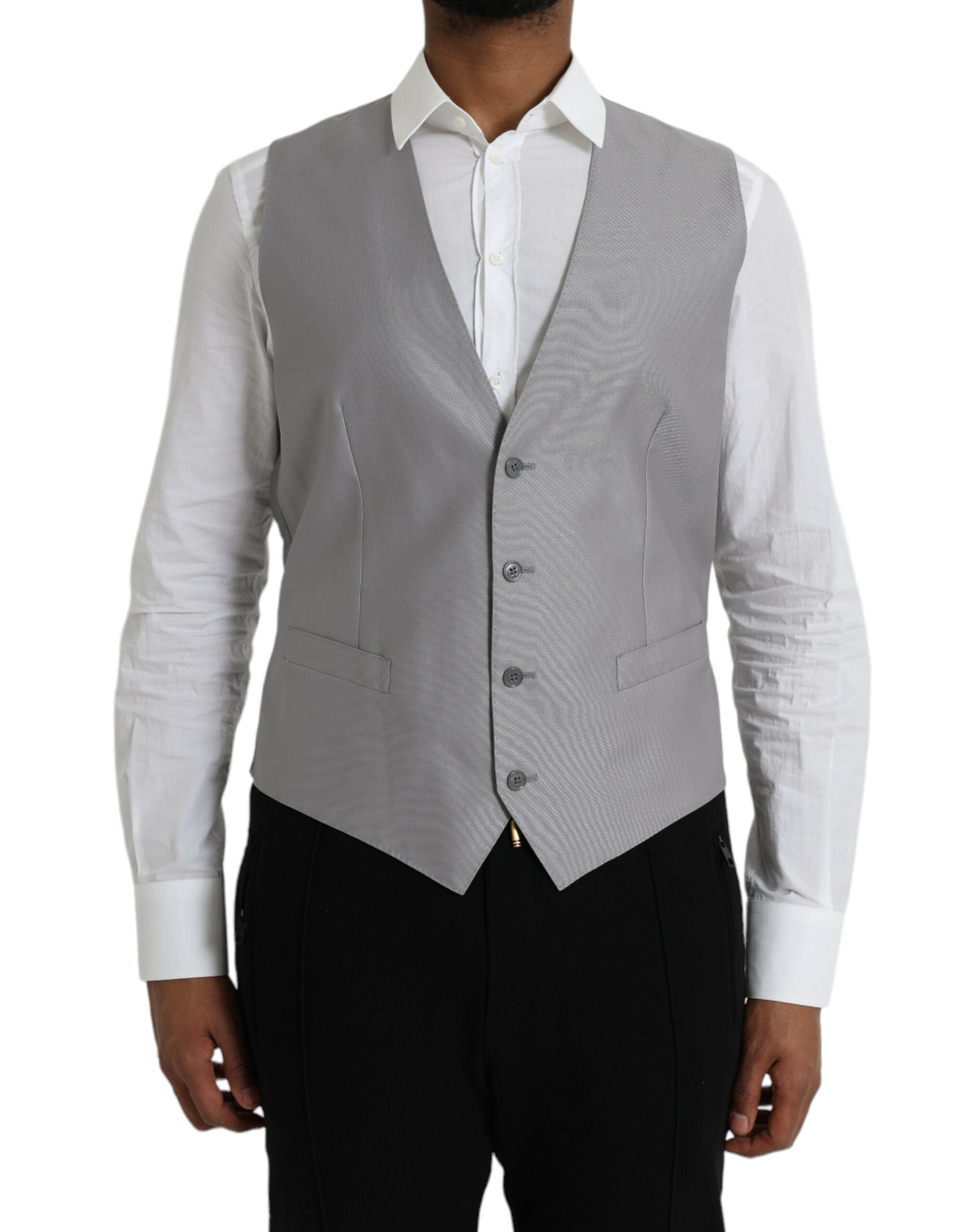 Gilet formel en laine gris clair Dolce & Gabbana, veste élégante pour homme, détails sophistiqués et coupe ajustée.