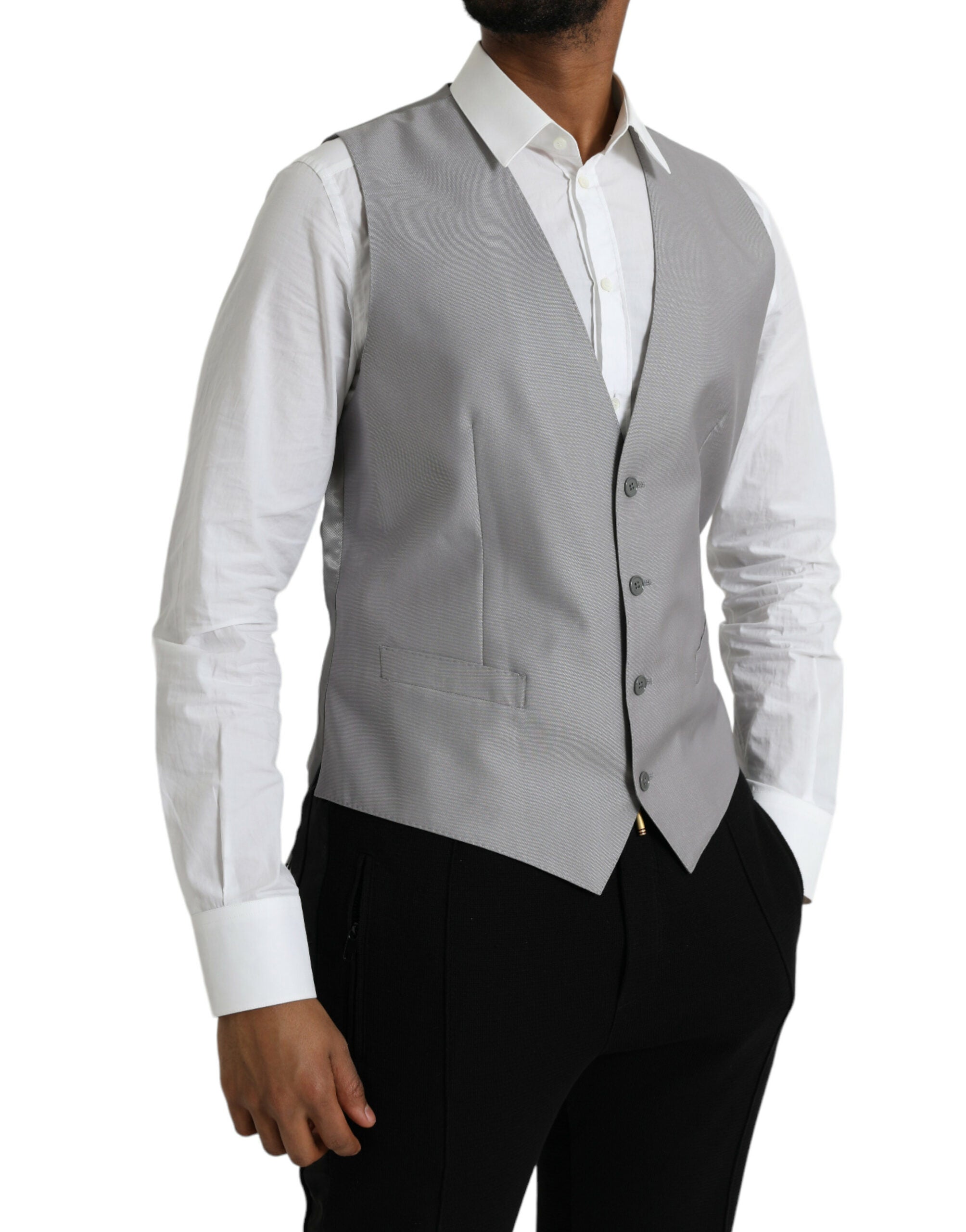Gilet de costume en laine gris clair Dolce & Gabbana, élégant et formel, avec coupe ajustée et détails sophistiqués.