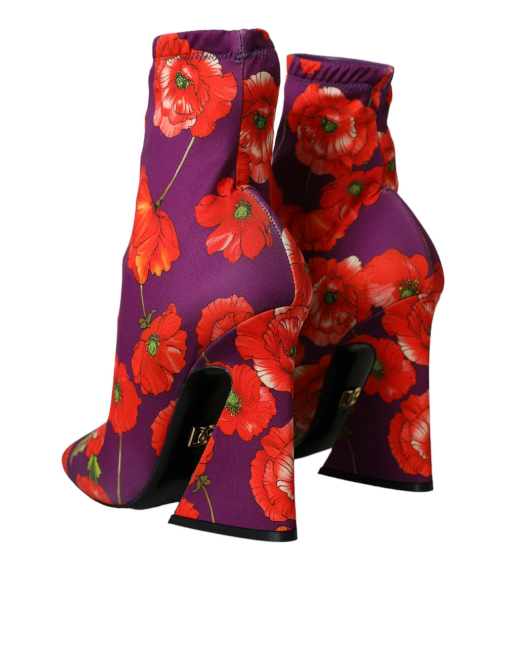 Bottes en jersey stretch violettes à fleurs de Dolce & Gabbana, chaussures élégantes avec motif floral et design ajusté.