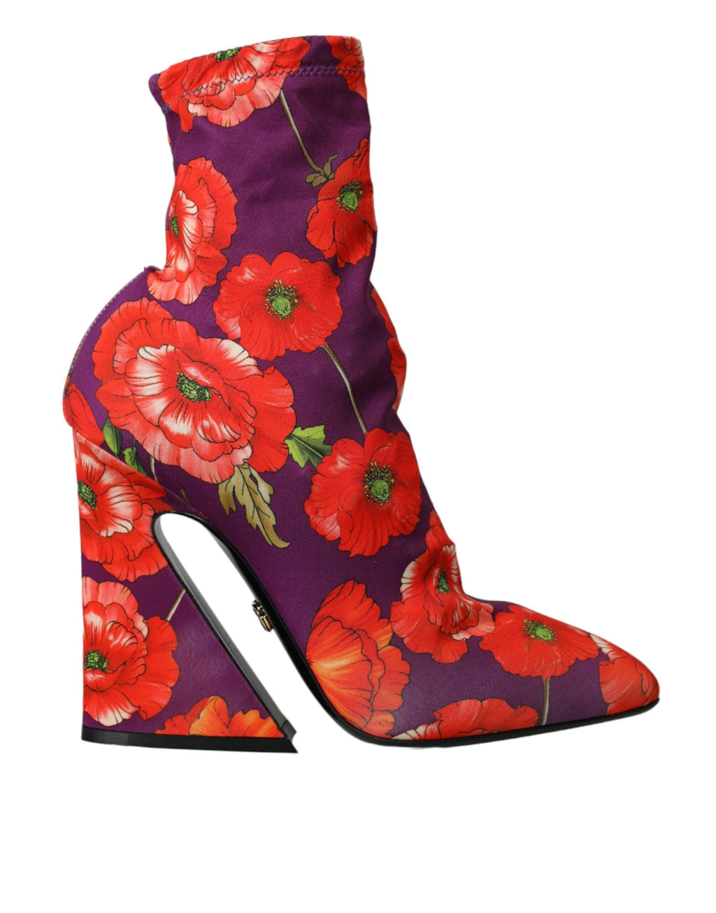 Chaussures Dolce & Gabbana à talons avec bottines en jersey stretch violet à motif floral, vue de face.