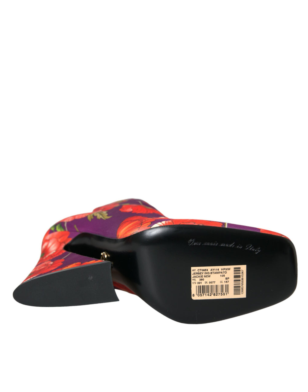 Bottes en jersey stretch violettes Dolce & Gabbana avec motif floral, chaussures élégantes et confortables.