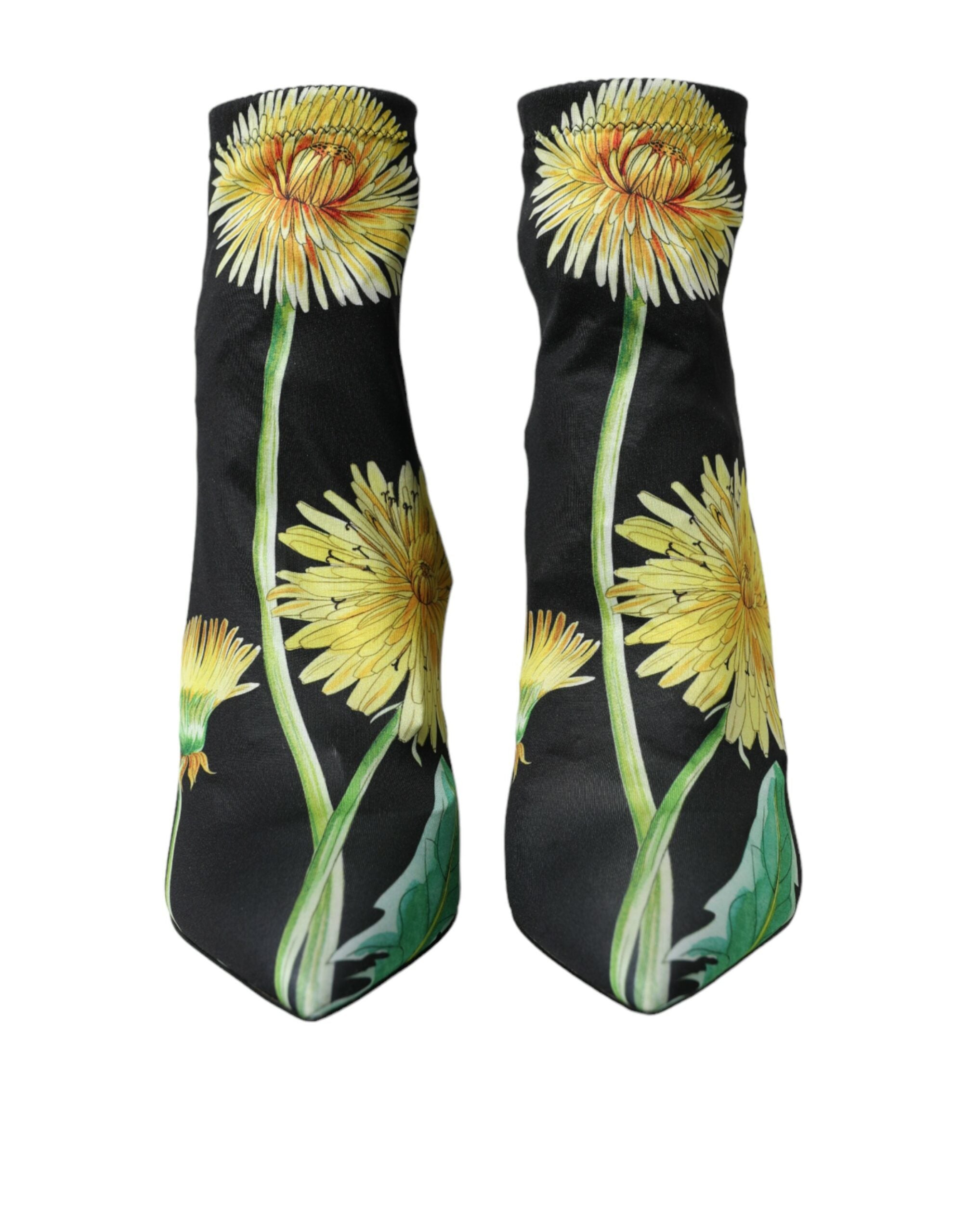 Bottines noires en jersey extensible à fleurs de Dolce & Gabbana, style élégant avec talons courts et finition soignée.
